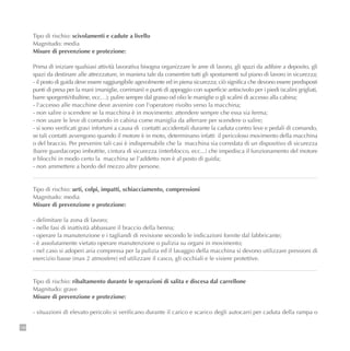 148
Tipo di rischio: scivolamenti e cadute a livello
Magnitudo: media
Misure di prevenzione e protezione:
Prima di iniziare qualsiasi attività lavorativa bisogna organizzare le aree di lavoro, gli spazi da adibire a deposito, gli
spazi da destinare alle attrezzature, in maniera tale da consentire tutti gli spostamenti sul piano di lavoro in sicurezza;
- il posto di guida deve essere raggiungibile agevolmente ed in piena sicurezza; ciò significa che devono essere predisposti
punti di presa per la mani (maniglie, corrimani) e punti di appoggio con superficie antiscivolo per i piedi (scalini grigliati,
barre sporgenti/ribaltine, ecc…); pulire sempre dal grasso od olio le maniglie o gli scalini di accesso alla cabina;
- l'accesso alle macchine deve avvenire con l'operatore rivolto verso la macchina;
- non salire o scendere se la macchina è in movimento: attendere sempre che essa sia ferma;
- non usare le leve di comando in cabina come maniglia da afferrare per scendere o salire;
- si sono verificati gravi infortuni a causa di contatti accidentali durante la caduta contro leve e pedali di comando,
se tali contatti avvengono quando il motore è in moto, determinano infatti il pericoloso movimento della macchina
o del braccio. Per prevenire tali casi è indispensabile che la macchina sia corredata di un dispositivo di sicurezza
(barre guardacorpo imbottite, cintura di sicurezza (interblocco, ecc...) che impedisca il funzionamento del motore
e blocchi in modo certo la macchina se l’addetto non è al posto di guida;
- non ammettere a bordo del mezzo altre persone.
Tipo di rischio: urti, colpi, impatti, schiacciamento, compressioni
Magnitudo: media
Misure di prevenzione e protezione:
- delimitare la zona di lavoro;
- nelle fasi di inattività abbassare il braccio della benna;
- operare la manutenzione e i tagliandi di revisione secondo le indicazioni fornite dal fabbricante;
- è assolutamente vietato operare manutenzione o pulizia su organi in movimento;
- nel caso si adoperi aria compressa per la pulizia ed il lavaggio della macchina si devono utilizzare pressioni di
esercizio basse (max 2 atmosfere) ed utilizzare il casco, gli occhiali e le visiere protettive.
Tipo di rischio: ribaltamento durante le operazioni di salita e discesa dal carrellone
Magnitudo: grave
Misure di prevenzione e protezione:
- situazioni di elevato pericolo si verificano durante il carico e scarico degli autocarri per caduta della rampa o
 