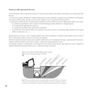 56
Sicurezza nelle operazioni di scavo
- Durante questa fase è importante evitare il crollo del fronte dello scavo dovuto all’improvviso smottamento del
terreno
- è necessario, quindi, effettuare le indagini preliminari di natura geologica e geotecnica per definire l’inclinazione
di sicurezza della parete, tale per cui essa risulti stabile e non vi sia pericolo di franamento.
- le principali caratteristiche che determinano stabilità ed entità dell’inclinazione della parete dello scavo sono:
- le condizioni geologiche (ad es. fratture di livelli litologicamente differenti) e idrogeologiche;
- le caratteristiche geometriche (altezza);
- le caratteristiche geotecniche del terreno (coesione);
- le condizioni del contorno dello scavo (presenza di sovraccarichi in prossimità della parete di scavo quali
edifici, costruzioni, ecc...).
Quindi prima di iniziare i lavori il responsabile tecnico dovrà effettuare un attenta analisi della zona di scavo al
fine di individuare tutte le misure di sicurezza da adottare.
Particolare attenzione dovrà essere posta ai fattori ambientali: scavi in presenza di acque, canalizzazioni di servizio,
strutture edilizie esistenti, terreni poco stabili, condizioni meteorologiche avverse.
Nei disegni seguenti si evidenziano in linea generale (da verificare quindi per ogni specifico scavo) l’angolo di
stabilità delle pareti/scarpate dello scavo in relazione al tipo di terreno.
Nota: l’inclinazione delle pareti dello scavo dipende dalle condizioni del terreno. Terreni argillosi,
incoerenti o non omogenei necessitano opere di sostegno nel caso non sia eseguito lo scavo con
le inclinazioni sopra riportate. In presenza di falda bisogna attivare particolari accorgimenti.
rocca
o
puddinga
(90°)
terreno
com
patto
(63°)
inclinazione
consigliata
per terreni
di m
edia
consistenza
(45°)
sabbia
com
pattata
(33°)
sabbia
sciolta
(26°)
Indicazione indicativa della stabilità delle scarpate
dello scavo in relazione al tipo di terreno
 