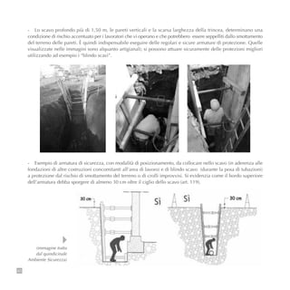 60
- Lo scavo profondo più di 1,50 m, le pareti verticali e la scarsa larghezza della trincea, determinano una
condizione di rischio accentuato per i lavoratori che vi operano e che potrebbero essere seppelliti dallo smottamento
del terreno delle pareti. È quindi indispensabile eseguire delle regolari e sicure armature di protezione. Quelle
visualizzate nelle immagini sono alquanto artigianali; si possono attuare sicuramente delle protezioni migliori
utilizzando ad esempio i “blindo scavi”.
- Esempio di armatura di sicurezza, con modalità di posizionamento, da collocare nello scavo (in aderenza alle
fondazioni di altre costruzioni concomitanti all’area di lavoro) e di blindo scavo (durante la posa di tubazioni)
a protezione dal rischio di smottamento del terreno o di crolli improvvisi. Si evidenzia come il bordo superiore
dell’armatura debba sporgere di almeno 30 cm oltre il ciglio dello scavo (art. 119).
(immagine tratta
dal quindicinale
Ambiente Sicurezza)
 