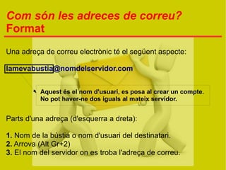 Com són les adreces de correu?
Format
Una adreça de correu electrònic té el següent aspecte:

lamevabustia@nomdelservidor.com


          Aquest és el nom d'usuari, es posa al crear un compte.
          No pot haver-ne dos iguals al mateix servidor.


Parts d'una adreça (d'esquerra a dreta):

1. Nom de la bústia o nom d'usuari del destinatari.
2. Arrova (Alt Gr+2)
3. El nom del servidor on es troba l'adreça de correu.
 