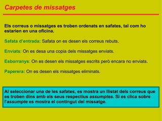 Carpetes de missatges

Els correus o missatges es troben ordenats en safates, tal com ho
estarien en una oficina.

Safata d’entrada: Safata on es desen els correus rebuts.

Enviats: On es desa una copia dels missatges enviats.

Esborranys: On es desen els missatges escrits però encara no enviats.

Paperera: On es desen els missatges eliminats.



Al seleccionar una de les safates, es mostra un llistat dels correus que
es troben dins amb els seus respectius assumptes. Si es clica sobre
l'assumpte es mostra el contingut del missatge.
 