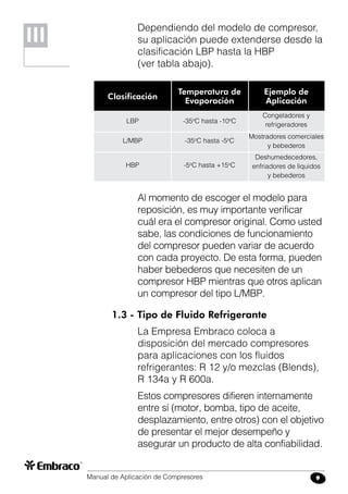 Manual de Aplicación de Compresores 9
Al momento de escoger el modelo para
reposición, es muy importante verificar
cuál era el compresor original. Como usted
sabe, las condiciones de funcionamiento
del compresor pueden variar de acuerdo
con cada proyecto. De esta forma, pueden
haber bebederos que necesiten de un
compresor HBP mientras que otros aplican
un compresor del tipo L/MBP.
1.3 - Tipo de Fluido Refrigerante
La Empresa Embraco coloca a
disposición del mercado compresores
para aplicaciones con los fluidos
refrigerantes: R 12 y/o mezclas (Blends),
R 134a y R 600a.
Estos compresores difieren internamente
entre sí (motor, bomba, tipo de aceite,
desplazamiento, entre otros) con el objetivo
de presentar el mejor desempeño y
asegurar un producto de alta confiabilidad.
Clasificación
Temperatura de
Evaporación
Ejemplo de
Aplicación
LBP
L/MBP
HBP
-35o
C hasta -10o
C
-35o
C hasta -5o
C
-5o
C hasta +15o
C
Congeladores y
refrigeradores
Mostradores comerciales
y bebederos
Deshumedecedores,
enfriadores de líquidos
y bebederos
III
Dependiendo del modelo de compresor,
su aplicación puede extenderse desde la
clasificación LBP hasta la HBP
(ver tabla abajo).
 