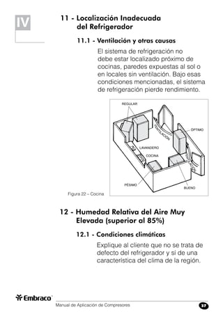Manual de Aplicación de Compresores 27
11 - Localización Inadecuada
	 del Refrigerador
11.1 - Ventilación y otras causas
El sistema de refrigeración no
debe estar localizado próximo de
cocinas, paredes expuestas al sol o
en locales sin ventilación. Bajo esas
condiciones mencionadas, el sistema
de refrigeración pierde rendimiento.
IV
Figura 22 – Cocina
12 - Humedad Relativa del Aire Muy
	 Elevada (superior al 85%)
12.1 - Condiciones climáticas
Explique al cliente que no se trata de
defecto del refrigerador y sí de una
característica del clima de la región.
 