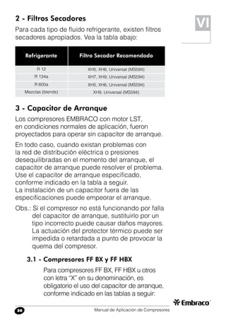 Manual de Aplicación de Compresores50
2 - Filtros Secadores
Para cada tipo de fluido refrigerante, existen filtros
secadores apropiados. Vea la tabla abajo:
3 - Capacitor de Arranque
Los compresores EMBRACO con motor LST,
en condiciones normales de aplicación, fueron
proyectados para operar sin capacitor de arranque.
En todo caso, cuando existan problemas con
la red de distribución eléctrica o presiones
desequilibradas en el momento del arranque, el
capacitor de arranque puede resolver el problema.
Use el capacitor de arranque especificado,
conforme indicado en la tabla a seguir.
La instalación de un capacitor fuera de las
especificaciones puede empeorar el arranque.
Obs.: Si el compresor no está funcionando por falla
del capacitor de arranque, sustituirlo por un
tipo incorrecto puede causar daños mayores.
La actuación del protector térmico puede ser
impedida o retardada a punto de provocar la
quema del compresor.
3.1 - Compresores FF BX y FF HBX
Para compresores FF BX, FF HBX u otros
con letra “X” en su denominación, es
obligatorio el uso del capacitor de arranque,
conforme indicado en las tablas a seguir:
Refrigerante Filtro Secador Recomendado
XH5, XH6, Universal (MS594)
XH7, XH9, Universal (MS594)
XH5, XH6, Universal (MS594)
XH9, Universal (MS594)
R 12
R 134a
R 600a
Mezclas (blends)
VI
 