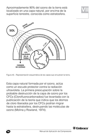 Manual de Aplicación de Compresores70
Aproximadamente 90% del ozono de la tierra está
localizado en una capa natural, por encima de la
superficie terrestre, conocida como estratosfera.
Figura 45 – Representación esquemática de las capas que envuelven la tierra.
VII
Esta capa natural formada por el ozono, actúa
como un escudo protector contra la radiación
ultravioleta. La primera preocupación sobre la
probable destrucción de la capa de ozono por los
CFCs (Clorofluorocarbonados) fue levantada con la
publicación de la teoría que indica que los átomos
de cloro liberados por los CFCs podrían migrar
hasta la estratosfera, destruyendo las moléculas de
ozono (Molina y Rowland, 1974).
 