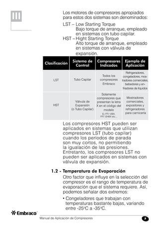 Manual de Aplicación de Compresores 7
Los motores de compresores apropiados
para estos dos sistemas son denominados:
LST –	Low Starting Torque
	 Bajo torque de arranque, empleado
	 en sistemas con tubo capilar.
HST –	Hight Starting Torque
	 Alto torque de arranque, empleado
	 en sistemas con válvula de
	 expansión.
Clasificación
Sistema de
Control
Ejemplo de
Aplicación
LST Tubo Capilar
Los compresores HST pueden ser
aplicados en sistemas que utilizan
compresores LST (tubo capilar)
cuando los períodos de parada
son muy cortos, no permitiendo
la igualación de las presiones.
Entretanto, los compresores LST no
pueden ser aplicados en sistemas con
válvula de expansión.
1.2 - Temperatura de Evaporación
Otro factor que influye en la selección del
compresor es el rango de temperatura de
evaporación que el sistema requiere. Así,
podemos señalar dos extremos:
• Congeladores que trabajan con
temperaturas bastante bajas, variando
entre -25o
C a -35o
C.
Compresores
Indicados
Todos los
compresores
Embraco
HST
Válvula de
Expansión
(o Tubo Capilar)
Solamente
compresores que
presentan la letra
X en el código del
modelo
Ej: FFI 12BX,
FFI 12HBX etc...
Mostradores
comerciales,
expositores y
refrigeradores
para carnicería	
III
Refrigeradores,
congeladores, mos-
tradores comerciales,
bebedores y en-
friadores de líquidos
 