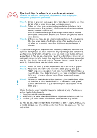 15
Ejercicio 2: Hoja de trabajo de las emociones (60 minutos)
Objetivo del ejercicio: Ser capaces de reflexionar sobre sus propias
emociones y reacciones personales.
Paso 1.	Divida el grupo en sub grupos de 5. Usted puede separar las niñas
de los niños si usted piensa que es más adecuado.
Paso 2.	Pida a los niños que compartan los resultados de la tarea de la
semana pasada. Pregúnteles: ¿Qué hacen usualmente cuando se
sienten tristes o disgustados?
	Invite a cada niño del grupo a decir algo acerca de sus propias
emociones y reacciones. Pídales que piensen en ejemplos de sus
vidas diarias.
Paso 3.	Entregue las hojas de las emociones (vea el anexo 1 en la página
22), dele una a cada niño. Dígales a los niños que le echen una
mirada a las preguntas y escriban abajo sus respuestas por sí
mismos.
Si los niños en el grupo no pueden leer o escribir, otra forma de hacer este
ejercicio es dejar que los niños se sienten en pequeños grupos (cerca de 5
participantes por grupo). En lugar de sacar las hojas usted puede leer cada
pregunta de la hoja de las emociones, y pedir a cada niño que piense en su
respuesta por un minuto. Luego deje que los niños discutan sus respuestas
con los otros dentro de los sub grupos. Después de esto, puede hacer el
paso 5 y 6 de la hoja de ejercicio de las emociones.
Paso 4.	Pida a los niños que discutan las respuestas en sus sub grupos.
Paso 5.	Asigne una emoción y una reacción a cada grupo y deje que
hagan un pequeño juego de roles para representar esta emoción y
reacción. Los niños deberán dividirse los roles entre los integrantes
del grupo y preparar ellos su juego, Deles unos minutos para
prepararlo.
Paso 6.	Establezca un escenario y deje que cada grupo presente su juego
de roles con el resto de la audiencia. Si hay tiempo deje que el
público retro alimente lo que vieron después del juego de rol de
cada grupo.
Como facilitador usted necesitará ayudar a cada sub grupo. Puede hacer
esto a través de lo siguiente:
•	 Vea si todos están contribuyendo
•	 Asegúrese que nadie se está burlando de ningún sentimiento o reacción
•	 Enfatice que todos tienen sentimientos y que esto es muy normal.
La hoja de las emociones solo trata de emociones como alegría, tristeza, ira,
y miedo, porque esas emociones son las más fáciles de reconocer y las más
relevantes.
 