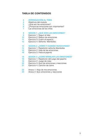 3
	 4 	 INTRODUCCIÓN AL TEMA
	4	 Objetivos del modulo
	5 	 ¿Qué son las emociones?
	6	 ¿Porqué las emociones son importantes?
	7 	 Las emociones de los niños
	 8 	 SESION 1: ¿QUE SON LAS EMOCIONES?
	8 	 Ejercicio 1: Seguir al líder
	10 	 Ejercicio 2: Relevo de emociones
	11 	 Ejercicio 3: Cubrir el espacio.
	12 	 Ejercicio 4: Señorita Mamboleo
	 14 	 SESION 2: ¿CÓMO Y CUANDO REACCIONAS?
	14 	 Ejercicio 1: Repetición señorita Mamboleo
	15 	 Ejercicio 2: Hoja de las emociones
	16 	 Ejercicio 3: Pasa el pajarito
	 18 	 SESION 3: ¿COMO MANEJAR LAS EMOCIONES?
	18 	 Ejercicio 1: Repetición del juego del pajarito
	19 	 Ejercicio 2: Juego de roles
	20 	 Ejercicio 3: Quiz de emociones y reacciones
	21 	 Ejercicio 4: Canción de cierre
	22 	 Anexo 1: Hoja de mis emociones
	23 	 Anexo 2: Quiz emociones y reacciones
TABLA DE CONTENIDOS
 