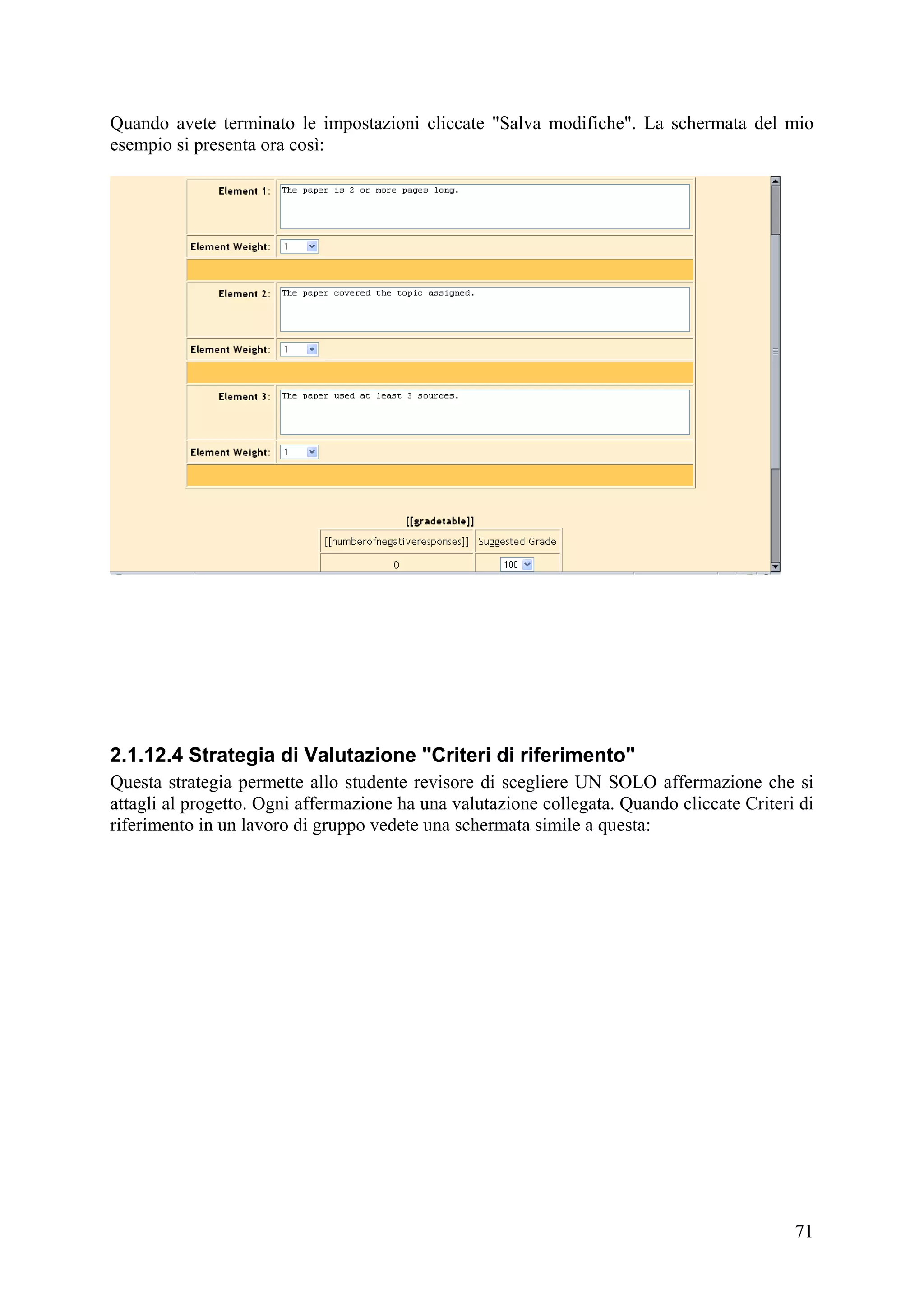 Quando avete terminato le impostazioni cliccate "Salva modifiche". La schermata del mio
esempio si presenta ora così:




2.1.12.4 Strategia di Valutazione "Criteri di riferimento"
Questa strategia permette allo studente revisore di scegliere UN SOLO affermazione che si
attagli al progetto. Ogni affermazione ha una valutazione collegata. Quando cliccate Criteri di
riferimento in un lavoro di gruppo vedete una schermata simile a questa:




                                                                                            71
 