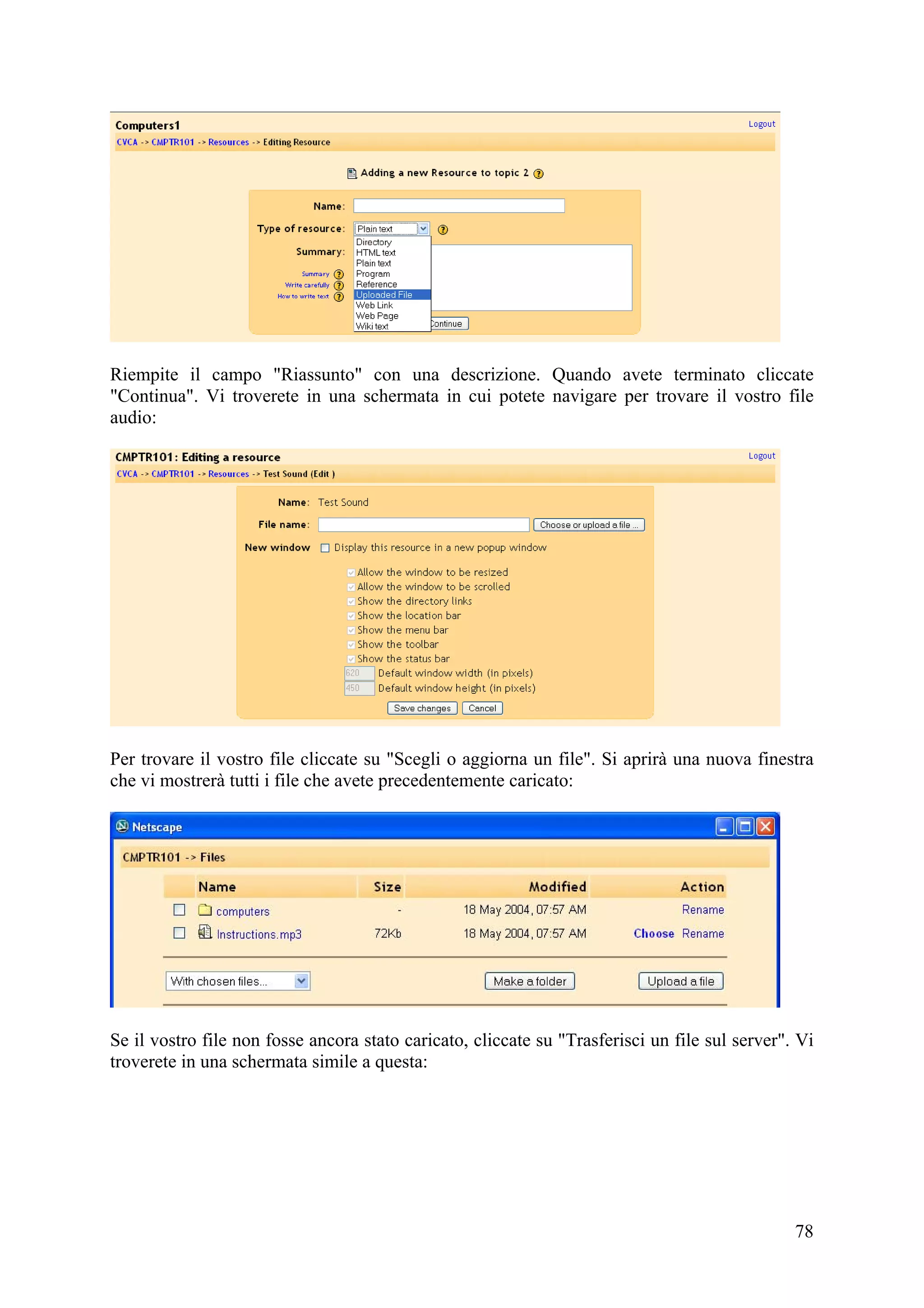 Riempite il campo "Riassunto" con una descrizione. Quando avete terminato cliccate
"Continua". Vi troverete in una schermata in cui potete navigare per trovare il vostro file
audio:




Per trovare il vostro file cliccate su "Scegli o aggiorna un file". Si aprirà una nuova finestra
che vi mostrerà tutti i file che avete precedentemente caricato:




Se il vostro file non fosse ancora stato caricato, cliccate su "Trasferisci un file sul server". Vi
troverete in una schermata simile a questa:




                                                                                                78
 