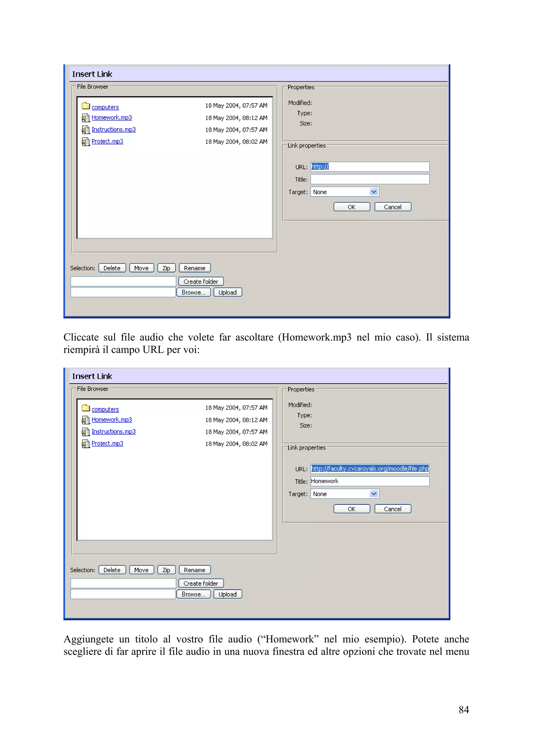 Cliccate sul file audio che volete far ascoltare (Homework.mp3 nel mio caso). Il sistema
riempirà il campo URL per voi:




Aggiungete un titolo al vostro file audio (“Homework” nel mio esempio). Potete anche
scegliere di far aprire il file audio in una nuova finestra ed altre opzioni che trovate nel menu




                                                                                              84
 