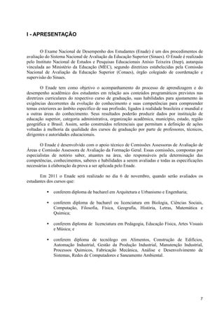 I - APRESENTAÇÃO


       O Exame Nacional de Desempenho dos Estudantes (Enade) é um dos procedimentos de
avaliação do Sistema Nacional de Avaliação da Educação Superior (Sinaes). O Enade é realizado
pelo Instituto Nacional de Estudos e Pesquisas Educacionais Anísio Teixeira (Inep), autarquia
vinculada ao Ministério da Educação (MEC), segundo diretrizes estabelecidas pela Comissão
Nacional de Avaliação da Educação Superior (Conaes), órgão colegiado de coordenação e
supervisão do Sinaes.

        O Enade tem como objetivo o acompanhamento do processo de aprendizagem e do
desempenho acadêmico dos estudantes em relação aos conteúdos programáticos previstos nas
diretrizes curriculares do respectivo curso de graduação, suas habilidades para ajustamento às
exigências decorrentes da evolução do conhecimento e suas competências para compreender
temas exteriores ao âmbito específico de sua profissão, ligados à realidade brasileira e mundial e
a outras áreas do conhecimento. Seus resultados poderão produzir dados por instituição de
educação superior, categoria administrativa, organização acadêmica, município, estado, região
geográfica e Brasil. Assim, serão construídos referenciais que permitam a definição de ações
voltadas à melhoria da qualidade dos cursos de graduação por parte de professores, técnicos,
dirigentes e autoridades educacionais.

       O Enade é desenvolvido com o apoio técnico de Comissões Assessoras de Avaliação de
Áreas e Comissão Assessora de Avaliação da Formação Geral. Essas comissões, compostas por
especialistas de notório saber, atuantes na área, são responsáveis pela determinação das
competências, conhecimentos, saberes e habilidades a serem avaliadas e todas as especificações
necessárias à elaboração da prova a ser aplicada pelo Enade.

       Em 2011 o Enade será realizado no dia 6 de novembro, quando serão avaliados os
estudantes dos cursos que:

           •   conferem diploma de bacharel em Arquitetura e Urbanismo e Engenharia;

           •   conferem diploma de bacharel ou licenciatura em Biologia, Ciências Sociais,
               Computação, Filosofia, Física, Geografia, História, Letras, Matemática e
               Química;

           •   conferem diploma de licenciatura em Pedagogia, Educação Física, Artes Visuais
               e Música; e

           •   conferem diploma de tecnólogo em Alimentos, Construção de Edifícios,
               Automação Industrial, Gestão da Produção Industrial, Manutenção Industrial,
               Processos Químicos, Fabricação Mecânica, Análise e Desenvolvimento de
               Sistemas, Redes de Computadores e Saneamento Ambiental.




                                                                                                7
 