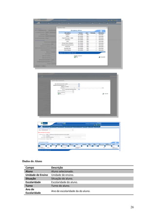 Dados do Aluno

  Campo               Descrição
  Aluno               Aluno selecionado.
  Unidade de Ensino   Unidade de ensino.
  Situação            Situação do aluno.
  Escolaridade        Escolaridade do aluno.
  Turno               Turno do aluno.
  Ano de
                      Ano de escolaridade da do aluno.
  Escolaridade



                                                         26
 