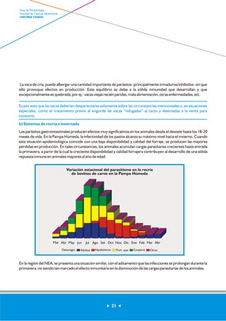 La vaca de cría, puede albergar una cantidad importante de parásitos -principalmente inmaduros/inhibidos- sin que 
ello provoque efectos en producción. Este equilibrio se debe a la sólida inmunidad que desarrollan y que 
excepcionalmente es quebrada; por ej.: vacas viejas recién paridas, mala alimentación, otras enfermedades, etc. 
Es por esto que las vacas deberían desparacitarse solamente sobre las circunstancias mencionadas o, en situaciones 
especiales, como el tratamiento previo al engorde de vacas “refugadas” al tacto y destinadas a la venta para 
consumo. 
b) Sistemas de recría e invernada 
Los parásitos gastrointestinales producen efectos muy significativos en los animales desde el destete hasta los 18-20 
meses de vida. En la Pampa Húmeda, la infectividad de los pastos alcanza su máximo nivel hacia el invierno. Cuando 
esta situación epidemiológica coincide con una baja disponibilidad y calidad del forraje, se producen las mayores 
pérdidas en producción. En tales circunstancias, los animales acumulan cargas parasitarias crecientes hasta entrada 
la primavera, a partir de la cual la creciente disponibilidad y calidad forrajera contribuyen al desarrollo de una sólida 
repuesta inmune en animales mayores al año de edad. 
21 
Area de Parasitología 
Facultad de Ciencias Veterinarias 
UNCPBA TANDIL 
Variación estacional del parasitismo en la recría 
de bovinos de carne en la Pampa Húmeda 
Mar Abr May Jun Jul Ago Set Oct Nov Dic Ene Feb Mar Abr 
Ostertagia: Adultos Hipobióticos Trich. axei Cooperia Otros 
En la región del NEA, se presenta una situación similar, con el aditamento que las infecciones se prolongan durante la 
primavera, no siendo tan marcado el efecto inmunitario en la disminución de las cargas parasitarias de los animales. 
 