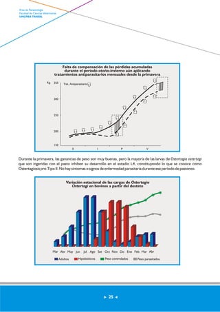 Falta de compensación de las pérdidas acumuladas 
durante el período otoño-invierno aún aplicando 
tratamientos antiparasitarios mensuales desde la primavera 
Kg. 350 Trat. Antiparasitario 
Variación estacional de las cargas de Ostertagia 
Ostertagi en bovinos a partir del destete 
Mar Abr May Jun Jul Ago Set Oct Nov Dic Ene Feb Mar Abr 
Adultos Hipobióticos Peso controlados Peso parasitados 
300 
250 
200 
150 
0 1 P V 
Durante la primavera, las ganancias de peso son muy buenas, pero la mayoría de las larvas de Ostertagia ostertagi 
que son ingeridas con el pasto inhiben su desarrollo en el estadío L4, constituyendo lo que se conoce como 
Ostertagiosis pre-Tipo II. No hay síntomas o signos de enfermedad parasitaria durante ese período de pastoreo. 
25 
Area de Parasitología 
Facultad de Ciencias Veterinarias 
UNCPBA TANDIL 
 