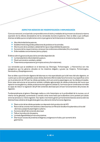 ASPECTOS BÁSICOS DE FISIOPATOLOGÍA E INMUNOLOGÍA 
Como se mencionó, en el período comprendido entre el otoño y mediados de la primavera se alcanza la máxima 
expresión de los efectos devastadores de los nematodes durante el pastoreo. Esto se debe a que confluyen 
diversas variables que se complementan entre sí para generar las limitaciones en el sistema de producción: 
Alta infectividad de las pasturas. 
Establecimiento de grandes poblaciones de parásitos en los animales. 
Disminución de la cantidad y calidad del forraje en disponibilidad de pastoreo. 
? Aumento de los requerimientos y stress por las condiciones ambientales (frío y humedad). 
Enfermedades concomitantes (sarna y piojos). 
El efecto sobre la ganancia de peso de los animales dependerá de: 
La intensidad de la infectividad de la pastura. 
Nivel nutricional en cantidad y calidad. 
Tratamientos antiparasitarios (principios activos y formulaciones). 
Los nematodes que se establecen en el abomaso (ej: Ostertagia, Trichostrongylus y Haemonchus) son más 
patogénicos que los géneros ubicados en los intestinos delgado y grueso (ej: Cooperia, Trichostrongylus, 
Nematodirus y Oesophagostomum). 
Esto se debe a que la función digestiva del abomaso es más especializada que la del resto del tubo digestivo, en 
cuanto que su estructura glandular posee células altamente diferenciadas hacia funciones muy específicas como 
son la producción de HCl por las células parietales y de la pre-enzima pepsinógeno por las células principales. 
Entre estas estructuras se encuentran también múltiples aglomerados de células productoras del mucus que 
tapiza la mucosa gástrica y células productoras de la gastrina (células G), hormona que en condiciones normales 
es capaz de inducir la regulación del pH del contenido abomasal para el buen funcionamiento del proceso de 
digestión. 
Fundamentalmente el género Ostertagia realiza su ciclo histotrópico en la profundidad de la mucosa y en el 
interior de las glándulas, aumentando su tamaño varias veces hasta que la abandona como parásito pre-adulto 
entre las semanas 2 y 3 de la ingestión. Ese rápido crecimiento genera primariamente lesiones severas sobre las 
distintas líneas celulares de las glándulas gástricas y alteración de las funciones digestivas: 
Destrucción de las células parietales con depresión de la producción de HCl. 
? Rotura de las uniones intercelulares o desmosomas con filtración de albúmina plasmática a la luz del 
abomaso y pasaje de pepsinógeno a plasma. 
? Aumento del pH del contenido abomasal. 
Falla en la producción de pepsina. 
Limitada digestibilidad primaria de proteínas. 
? Diarrea por exceso de proteínas endógenas y exógenas en el tubo y por aumento de la 
gastrinemia. 
40 
 