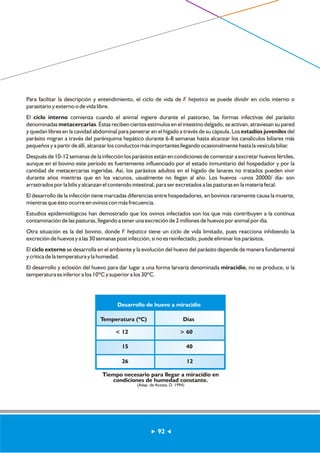 Para facilitar la descripción y entendimiento, el ciclo de vida de F. hepatica se puede dividir en ciclo interno o 
parasitario y externo o de vida libre. 
El ciclo interno comienza cuando el animal ingiere durante el pastoreo, las formas infectivas del parásito 
denominadas metacercarias. Éstas reciben ciertos estímulos en el intestino delgado, se activan, atraviesan su pared 
y quedan libres en la cavidad abdominal para penetrar en el hígado a través de su cápsula. Los estadíos juveniles del 
parásito migran a través del parénquima hepático durante 6-8 semanas hasta alcanzar los canalículos biliares más 
pequeños y a partir de allí, alcanzar los conductos más importantes llegando ocasionalmente hasta la vesícula biliar. 
Después de 10-12 semanas de la infección los parásitos están en condiciones de comenzar a excretar huevos fértiles, 
aunque en el bovino este período es fuertemente influenciado por el estado inmunitario del hospedador y por la 
cantidad de metacercarias ingeridas. Así, los parásitos adultos en el hígado de lanares no tratados pueden vivir 
durante años mientras que en los vacunos, usualmente no llegan al año. Los huevos –unos 20000/ día- son 
arrastrados por la bilis y alcanzan el contenido intestinal, para ser excretados a las pasturas en la materia fecal. 
El desarrollo de la infección tiene marcadas diferencias entre hospedadores, en bovinos raramente causa la muerte, 
mientras que ésto ocurre en ovinos con más frecuencia. 
Estudios epidemiológicos han demostrado que los ovinos infectados son los que más contribuyen a la continua 
contaminación de las pasturas, llegando a tener una excreción de 2 millones de huevos por animal por día. 
Otra situación es la del bovino, donde F. hepatica tiene un ciclo de vida limitado, pues reacciona inhibiendo la 
excreción de huevos y a las 30 semanas post infección, si no es reinfectado, puede eliminar los parásitos. 
El ciclo externo se desarrolla en el ambiente y la evolución del huevo del parásito depende de manera fundamental 
y crítica de la temperatura y la humedad. 
El desarrollo y eclosión del huevo para dar lugar a una forma larvaria denominada miracidio, no se produce, si la 
temperatura es inferior a los 10ºC y superior a los 30ºC. 
Desarrollo de huevo a miracidio 
Temperatura (ºC) Días 
< 12 > 60 
15 40 
26 12 
Tiempo necesario para llegar a miracidio en 
condiciones de humedad constante. 
(Adap. de Acosta, D. 1994) 
92 
 