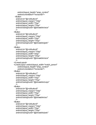android:layout_height="wrap_content"
android:orientation="horizontal">
<Button
android:id="@+id/button4"
android:layout_margin="10dp"
android:layout_width="75sp"
android:layout_height="75sp"
android:background="@drawable/vaca"
/>
<Button
android:id="@+id/button5"
android:layout_margin="10dp"
android:layout_width="75sp"
android:layout_height="75sp"
android:background="@drawable/gato"
/>
<Button
android:id="@+id/button6"
android:layout_margin="10dp"
android:layout_width="20sp"
android:layout_height="20sp"
android:background="@drawable/vaca"
/>
</LinearLayout>
<LinearLayout android:layout_width="match_parent"
android:layout_height="wrap_content"
android:orientation="horizontal">
<Button
android:id="@+id/button7"
android:layout_margin="10dp"
android:layout_width="75sp"
android:layout_height="75sp"
android:background="@drawable/oveja"
/>
<Button
android:id="@+id/button8"
android:layout_margin="10dp"
android:layout_width="75sp"
android:layout_height="75sp"
android:background="@drawable/oso"
/>
<Button
android:id="@+id/button9"
android:layout_margin="10dp"
android:layout_width="75sp"
android:layout_height="75sp"
android:background="@drawable/pato"
 