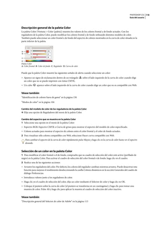 PHOTOSHOP CS3
Guía del usuario
118
Descripción general de la paleta Color
La paleta Color (Ventana > Color [paleta]) muestra los valores de los colores frontal y de fondo actuales. Con los
reguladores de la paleta Color, puede modificar los colores frontal y de fondo utilizando distintos modelos de color.
También puede seleccionar un color frontal o de fondo del espectro de colores mostrados en la curva de color situada en la
parte inferior de la paleta.
Paleta Color
A. Color frontal B. Color de fondo C. Regulador D. Curva de color
Puede que la paleta Color muestre las siguientes señales de alerta cuando seleccione un color:
• Aparece un signo de exclamación dentro de un triángulo sobre el lado izquierdo de la curva de color cuando elige
un color que no se puede imprimir con tintas CMYK.
• Un cubo aparece sobre el lado izquierdo de la curva de color cuando elige un color que no es compatible con Web.
Véase también
“Identificación de colores fuera de gama” en la página 150
“Modos de color” en la página 104
Cambio del modelo de color de los reguladores de la paleta Color
❖ Elija una opción de Reguladores del menú de la paleta Color.
Cambio del espectro que se muestra en la paleta Color
1 Seleccione una opción en el menú de la paleta Color:
• Espectro RGB, Espectro CMYK o Curva de grises para mostrar el espectro del modelo de color especificado.
• Colores actuales para mostrar el espectro de colores entre el color frontal y el color de fondo actuales.
2 Para visualizar sólo colores compatibles con Web, seleccione Hacer curva compatible con Web.
Para cambiar el espectro de la curva de color rápidamente pulse Mayús y haga clic en la curva de color hasta ver el espectro
deseado.
Selección de un color en la paleta Color
1 Para modificar el color frontal o el de fondo, compruebe que su cuadro de selección del color está activo (perfilado de
negro) en la paleta Color. Para activar el cuadro de selección del color frontal o de fondo, haga clic en el cuadro.
2 Realice una de las siguientes acciones:
• Arrastre los reguladores del color. Por defecto, los colores del regulador cambian mientras arrastra. Puede desactivar esta
función para mejorar el rendimiento deseleccionando la casilla Colores dinámicos en la sección Generales del cuadro de
diálogo Preferencias.
• Introduzca valores junto a los reguladores de color.
• Haga clic en el cuadro de selección del color, elija un color mediante el Selector de color y haga clic en OK.
• Coloque el puntero sobre la curva de color (el puntero se transforma en un cuentagotas) y haga clic para tomar una
muestra de color. Pulse Alt y haga clic para aplicar la muestra al cuadro de selección del color inactivo.
Véase también
“Descripción general del Selector de color de Adobe” en la página 113
A
B
C
D
 