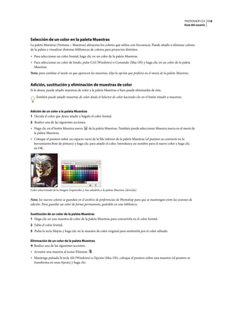 PHOTOSHOP CS3
Guía del usuario
119
Selección de un color en la paleta Muestras
La paleta Muestras (Ventana > Muestras) almacena los colores que utiliza con frecuencia. Puede añadir o eliminar colores
de la paleta o visualizar distintas bibliotecas de colores para proyectos distintos.
• Para seleccionar un color frontal, haga clic en un color de la paleta Muestras.
• Para seleccionar un color de fondo, pulse Ctrl (Windows) o Comando (Mac OS) y haga clic en un color de la paleta
Muestras.
Nota: para cambiar el modo en que aparecen las muestras, elija la opción que prefiera en el menú de la paleta Muestras.
Adición, sustitución y eliminación de muestras de color
Si lo desea, puede añadir muestras de color a la paleta Muestras o bien puede eliminarlas de ésta.
También puede añadir muestras de color desde el Selector de color haciendo clic en el botón Añadir a muestras.
Adición de un color a la paleta Muestras
1 Decida el color que desee añadir y hágalo el color frontal.
2 Realice una de las siguientes acciones:
• Haga clic en el botón Muestra nueva de la paleta Muestras. También puede seleccionar Muestra nueva en el menú de
la paleta Muestras.
• Coloque el puntero sobre un espacio vacío de la fila inferior de la paleta Muestras (el puntero se convierte en la
herramienta Bote de pintura) y haga clic para añadir el color. Introduzca un nombre para el nuevo color y haga clic
en OK.
Color seleccionado de la imagen (izquierda) y tras añadirlo a la paleta Muestras (derecha).
Nota: los nuevos colores se guardan en el archivo de preferencias de Photoshop para que se mantengan entre las sesiones de
edición. Para guardar un color de forma permanente, guárdelo en una biblioteca.
Sustitución de un color de la paleta Muestras
1 Haga clic en una muestra de color de la paleta Muestras para convertirla en el color frontal.
2 Edite el color frontal.
3 Pulse la tecla Mayús y haga clic en la muestra de color original para sustituirla por el color editado.
Eliminación de un color de la paleta Muestras
❖ Realice una de las siguientes acciones:
• Arrastre una muestra al icono Eliminar .
• Mantenga pulsada la tecla Alt (Windows) u Opción (Mac OS), coloque el puntero sobre una muestra (el puntero se
transforma en unas tijeras) y haga clic.
 
