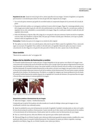 PHOTOSHOP CS3
Guía del usuario
160
Reguladores de color Ajuste los tonos de gris de los colores específicos de una imagen. Arrastre el regulador a la izquierda
para oscurecer o a la derecha para aclarar los tonos de gris del color original de una imagen.
• Las curvas de grises muestran qué grado de oscuridad tendrá un componente después de la conversión de la escala de
grises.
• El puntero del ratón cambia a un cuentagotas conforme lo mueva sobre la imagen. Haga clic y mantenga pulsada un área
de la imagen para resaltar la gota de color del color predominante en esa ubicación. Haga clic y arrastre para cambiar el
regulador de ese color, aclarándolo u oscureciéndolo en la imagen. Haga clic y suelte para resaltar el cuadro de texto del
regulador seleccionado.
• Pulse Alt (Windows) u Opción (Mac OS) y haga clic en una gota de color para restaurar el ajuste inicial de un regulador
concreto. Pulse Alt (Windows) u Opción (Mac OS) para que el botón Cancelar pase a Restaurar, con el que se pueden
restaurar todos los reguladores de color.
Previsualizar Deseleccione para ver la imagen en su modo de color original.
3 Para aplicar un tono de color a la escala de grises, seleccione la opción Matiz y ajuste los reguladores Tono y saturación
según sea necesario. El regulador Tono cambia el color del matiz y el regulador Saturación aplica una mayor o menor
concentración al color. Haga clic en la gota de color para abrir el Selector de color y ajustar más el color del matiz.
Véase también
“Mezcla de los canales de color” en la página 168
Mejora de los detalles de iluminación y sombra
El comando Sombra/iluminación resulta útil para corregir fotografías en las que aparece una silueta en la imagen como
consecuencia de la existencia de una luz de fondo muy fuerte o para corregir sujetos que aparecen ligeramente borrosos por
estar demasiado cerca del flash de la cámara. Este ajuste también es útil para iluminar áreas de sombra en una imagen que
está bien iluminada. El comando Sombra/iluminación no sólo aclara u oscurece una imagen, sino que la aclara o la oscurece
en función de los píxeles adyacentes (entorno local) de las sombras o de las iluminaciones. Por este motivo, existen controles
separados de las sombras y las iluminaciones. Por defecto, se arreglan las imágenes que tienen problemas de luz de fondo.
El comando Sombra/iluminación también dispone de un regulador de Contraste de semitono y las opciones Recorte negro
y Recorte blanco para ajustar el contraste global de la imagen.
Imagen original y corrección de Sombra/iluminación aplicada
Ajuste de las sombras e iluminaciones de una imagen
1 Seleccione Imagen > Ajustes > Sombra/iluminación.
Compruebe que la opción Previsualizar está seleccionada en el cuadro de diálogo si desea que la imagen se vaya
actualizando conforme vaya realizando ajustes.
2 Ajuste la cantidad de corrección de iluminación moviendo el regulador Cantidad o introduciendo un valor en el cuadro
de texto de porcentaje de sombras o iluminaciones. Cuanto más alto sea el valor, mayor será la iluminación de las sombras
o el oscurecimiento de las iluminaciones. Puede ajustar tanto las sombras como las iluminaciones de una imagen.
3 Para un control más preciso, seleccione Mostrar más opciones para realizar ajustes adicionales.
4 (Opcional) Haga clic en el botón Guardar como valores por defecto para guardar los ajustes actuales y establecerlos como
ajustes por defecto para el comando Sombra/iluminación. Para restaurar los ajustes por defecto originales, mantenga
pulsada la tecla Mayús y haga clic en el botón Guardar como valores por defecto.
 