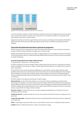 PHOTOSHOP CS3
Guía del usuario
192
Ejemplos de distorsión esferoide (izquierda) y distorsión en corsé (derecha)
Las viñetas constituyen un defecto en el que los bordes (en especial los vértices) de una imagen parecen más oscuros que el
centro. La aberración cromática se muestra como un halo de color en los bordes de los objetos y ocurre porque la lente
enfoca distintos colores de luz en distintos planos.
Algunas lentes producen estos defectos según la distancia focal o la apertura de diafragma (F-Stop) utilizada. Puede definir
el filtro Corrección de lente para que utilice ajustes según la cámara, la lente y la distancia focal usadas para tomar la
fotografía.
Corrección de la distorsión de la lente y ajuste de la perspectiva
El filtro Corrección de lente corrige defectos de lente como la distorsión esferoide o en corsé, las viñetas o la aberración
cromática. El filtro funciona únicamente con imágenes de 8 y 16 bits por canal.
También puede utilizar el filtro para rotar una imagen o corregir la perspectiva de una imagen provocada por la inclinación
vertical u horizontal de la cámara. La cuadrícula de imagen del filtro facilita estos ajustes y los hace más precisos que utilizar
el comando Transformar.
Corrección de la perspectiva de la imagen y defectos de lente
1 Seleccione Filtro > Distorsionar > Corrección de lente.
2 Defina la cuadrícula y el zoom de la imagen. Mientras trabaja, puede ajustar las líneas de la cuadrícula para ayudarle a
decidir la cantidad de corrección que va a realizar. Consulte Ajuste de la previsualización y la cuadrícula de Corrección de
lente a continuación.
3 (Opcional) Seleccione una lista de ajustes preestablecidos en el menú Ajustes. Lente por defecto utiliza los ajustes
guardados anteriormente para la combinación de cámara, lente, distancia focal y apertura de diafragma (F-Stop) usada para
tomar la fotografía. Corrección anterior utiliza los ajustes usados en la última corrección de lente. Cualquier grupo de
ajustes personalizados guardado aparecerá al final del menú. Consulte Definición de valores por defecto de cámara y lente
a continuación.
4 Defina cualquiera de las siguientes opciones para corregir la imagen.
Eliminar distorsión Corrige la distorsión esferoide o en corsé de la lente. Mueva el regulador para enderezar líneas
horizontales y verticales que se curvan hacia o desde el centro de la imagen. También puede utilizar la herramienta Eliminar
distorsión para realizar esta corrección. Arrastre hacia el centro de la imagen para corregir la distorsión esferoide y hacia
el borde de la imagen para corregir la distorsión en corsé. Ajuste la opción Borde para especificar el modo en el que desea
manejar cualquier borde de la imagen en blanco resultante.
Aberración cromática Corrige los halos de color. Aumente la imagen previsualizada para ver los halos más de cerca a
medida que realiza la corrección.
Corregir halo rojo/cian Compensa los halos de color rojo y cian ajustando el tamaño del canal rojo en comparación con el
canal verde.
Corregir halo azul/amarillo Compensa los halos de color azul y amarillo ajustando el tamaño del canal azul en comparación
con el canal verde.
Viñeta Corrige imágenes que tienen bordes oscuros a causa de defectos de lente o de un sombreado de lente incorrecto.
Cantidad Define la cantidad de iluminación o sombra en los bordes de la imagen.
 