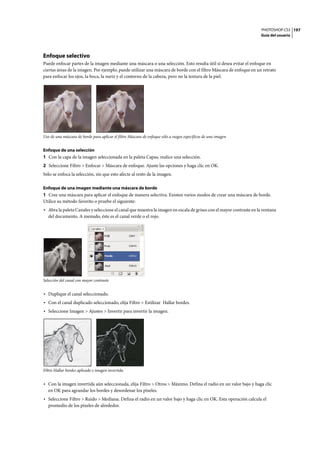 PHOTOSHOP CS3
Guía del usuario
197
Enfoque selectivo
Puede enfocar partes de la imagen mediante una máscara o una selección. Esto resulta útil si desea evitar el enfoque en
ciertas áreas de la imagen. Por ejemplo, puede utilizar una máscara de borde con el filtro Máscara de enfoque en un retrato
para enfocar los ojos, la boca, la nariz y el contorno de la cabeza, pero no la textura de la piel.
Uso de una máscara de borde para aplicar el filtro Máscara de enfoque sólo a rasgos específicos de una imagen
Enfoque de una selección
1 Con la capa de la imagen seleccionada en la paleta Capas, realice una selección.
2 Seleccione Filtro > Enfocar > Máscara de enfoque. Ajuste las opciones y haga clic en OK.
Sólo se enfoca la selección, sin que esto afecte al resto de la imagen.
Enfoque de una imagen mediante una máscara de borde
1 Cree una máscara para aplicar el enfoque de manera selectiva. Existen varios modos de crear una máscara de borde.
Utilice su método favorito o pruebe el siguiente:
• Abra la paleta Canales y seleccione el canal que muestra la imagen en escala de grises con el mayor contraste en la ventana
del documento. A menudo, éste es el canal verde o el rojo.
Selección del canal con mayor contraste
• Duplique el canal seleccionado.
• Con el canal duplicado seleccionado, elija Filtro > Estilizar Hallar bordes.
• Seleccione Imagen > Ajustes > Invertir para invertir la imagen.
Filtro Hallar bordes aplicado e imagen invertida
• Con la imagen invertida aún seleccionada, elija Filtro > Otros > Máximo. Defina el radio en un valor bajo y haga clic
en OK para agrandar los bordes y desordenar los píxeles.
• Seleccione Filtro > Ruido > Mediana. Defina el radio en un valor bajo y haga clic en OK. Esta operación calcula el
promedio de los píxeles de alrededor.
 