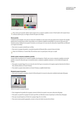 PHOTOSHOP CS3
Guía del usuario
16
Panel del navegador ahora en su propio conjunto acoplado
Para evitar que los paneles rellenen todo el espacio de un conjunto acoplado, arrastre el borde inferior del conjunto hacia
arriba de manera que ya no llegue al borde del espacio de trabajo.
Mover paneles
Conforme mueve paneles, verá zonas de colocación resaltadas en azul, áreas en las que puede mover el panel. Por ejemplo,
puede mover un panel hacia arriba o hacia abajo en un conjunto acoplado arrastrándolo a la zona de colocación azul
estrecha encima o debajo de otro panel. Si arrastra a un área que no es una zona de colocación, el panel flota con libertad
en el espacio de trabajo.
• Para mover un panel, arrástrelo por su ficha.
• Para mover un grupo de paneles o una pila de paneles de flotación libre, arrastre la barra de título.
Pulse Ctrl (Windows) o Control (Mac OS) mientras mueve un panel para evitar que se acople.
Añadir y quitar conjuntos acoplados y paneles
Si quita todos los paneles de un conjunto acoplado, éste desaparece. Puede crear nuevos conjuntos acoplados moviendo
paneles a zonas de colocación que se encuentran junto a conjuntos acoplados existentes o en los bordes del espacio de
trabajo.
• Para quitar un panel, haga clic en su icono de cierre (la X que se encuentra en la esquina superior derecha de la ficha) o
bien, deselecciónela en el menú Ventana.
• Para añadir un panel, selecciónelo en el menú Ventana y acóplelo donde desee.
Manipular grupos de paneles
• Para mover un panel a un grupo, arrastre la ficha del panel a la zona de colocación resaltada al principio del grupo.
Adición de un panel a un grupo de paneles
• Para reorganizar los paneles de un grupo, arrastra la ficha de un panel a una nueva ubicación del grupo.
• Para quitar un panel de un grupo de manera que flote con libertad, arrastre el panel por su ficha fuera del grupo.
• Para que un panel aparezca al frente de su grupo, haga clic en su ficha.
• Para mover juntos paneles agrupados, arrastre su barra de título (encima de las fichas).
 