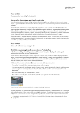 PHOTOSHOP CS3
Guía del usuario
215
Véase también
“Teclas para utilizar Punto de fuga” en la página 604
Acerca de los planos de perspectiva y la cuadrícula
Antes de realizar ediciones en Punto de fuga, defina los planos rectangulares que se alinean con la perspectiva en una
imagen. La precisión del plano determina si las ediciones o los ajustes se redimensionarán y orientarán correctamente en
la imagen.
Tras establecer los cuatro nodos de esquina, el plano de perspectiva se activa y muestra un cuadro delimitador y una
cuadrícula. Puede escalar, mover o cambiar la forma para ajustar el plano de perspectiva. También puede cambiar el tamaño
de la cuadrícula para que se alinee con los elementos de la imagen. Algunas veces, alinear el cuadro delimitador y la
cuadrícula con una textura o motivo de la imagen, puede ayudar a hacer coincidir la perspectiva de la imagen de modo más
preciso. El ajuste del tamaño de la cuadrícula también puede facilitarle el contar los elementos en la imagen.
Además de ayudarle a alinear los planos de perspectiva con los elementos de imagen, la cuadrícula es útil para visualizar
medidas cuando se utiliza la herramienta Medición. Está disponible una opción para enlazar el tamaño de la cuadrícula a
las medidas que realice con la herramienta Medición.
Véase también
“Cómo medir en Punto de fuga” en la página 222
Definición y ajuste de planos de perspectiva en Punto de fuga
1 En el cuadro de diálogo Punto de fuga, seleccione la herramienta Crear plano y haga clic en la imagen de
previsualización para añadir los cuatro nodos de esquina.
Intente utilizar un objeto rectangular o un área del plano de la imagen como guía al crear el plano de perspectiva. Para
facilitar la colocación del nodo, mantenga pulsada la tecla "x" para aumentar la imagen de previsualización. Al añadir los
nodos de esquina, puede eliminar el último nodo si no es correcto pulsando la tecla Retroceso (Windows) o Suprimir
(Mac OS). También puede volver a colocar un nodo arrastrándolo.
2 Seleccione la herramienta Editar plano y realice una o varias de las siguientes acciones:
• Para cambiar la forma del plano de perspectiva, arrastre un nodo de esquina.
• Para ajustar la cuadrícula, introduzca un valor en el cuadro de texto Tamaño de cuadrícula o haga clic en la flecha abajo
y mueva el regulador. También puede ajustar el tamaño de la cuadrícula cuando la herramienta Crear plano esté
seleccionada.
• Para mover el plano, haga clic dentro del plano y arrastre.
• Para cambiar la escala del plano, arrastre el nodo del borde de un segmento del cuadro delimitador.
Arrastrar un nodo del borde para aumentar el tamaño de un plano para albergar las ediciones
El cuadro delimitador y la cuadrícula de un plano de perspectiva suelen ser azules. Si existen problemas con la colocación
de los nodos de esquina, el plano no será válido y el rectángulo delimitador y la cuadrícula se mostrarán en rojo o amarillo.
Si el plano no es válido, mueva los nodos de esquina hasta que el cuadro delimitador y la cuadrícula se muestren azules.
Si tiene planos superpuestos, pulse Ctrl (Windows) o Comando (Mac OS) y haga clic para desplazarse por los planos
superpuestos.
 