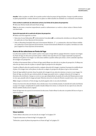 PHOTOSHOP CS3
Guía del usuario
217
Amarillo Indica un plano no válido. No se pueden resolver todos los puntos de fuga del plano. Aunque es posible arrancar
un plano perpendicular o realizar ediciones en un plano no válido amarillo, los resultados no se orientarán correctamente.
Cómo ocultar la cuadrícula, las selecciones activas y los límites de los planos de perspectiva
❖ Seleccione Mostrar bordes del menú Punto de fuga.
Nota: las selecciones se muestran temporalmente cuando se redimensionan o se vuelven a colocar, incluso si Mostrar bordes
está desactivada.
Ajuste del espaciado de la cuadrícula del plano de perspectiva
❖ Realice una de las siguientes acciones:
• Seleccione el icono Editar plano o la herramienta Crear plano y, a continuación, introduzca un valor para Tamaño
de cuadrícula en el área Opciones de herramienta.
• (Sólo en Photoshop Extended) Seleccione la herramienta Medición y, a continuación, seleccione Enlazar medidas
con cuadrícula en el área Opciones de herramienta. Arrastre la herramienta Medición en un plano e introduzca un valor
para Longitud en el área Opciones de herramienta.
Acerca de las selecciones en Punto de fuga
Las selecciones pueden ser útiles cuando se pinta o retoca para corregir defectos, agregar elementos o mejorar una imagen.
En Punto de fuga, las selecciones permiten pintar o rellenar áreas específicas de una imagen respetando la perspectiva
definida por los planos en la imagen. Las selecciones también se pueden utilizar para clonar y mover contenido específico
de la imagen en la perspectiva.
Al utilizar la herramienta Marco en Punto de fuga, puede dibujar una selección en un plano de perspectiva. Si dibuja una
selección que abarca más de un plano, se ajustará según la perspectiva de cada plano.
Cuando se dibuja la selección, puede moverla a cualquier ubicación de la imagen y mantener la perspectiva establecida por
el plano. Si la imagen tiene varios planos, la selección se adapta a la perspectiva del plano al que se está moviendo.
Punto de fuga también le permite clonar los píxeles de la imagen de una selección mientras se mueve en una imagen. En
Punto de fuga, una selección que contiene píxeles de imagen que puede mover a cualquier ubicación de la imagen se
denomina selección flotante. Aunque no ocurre en una capa independiente, los píxeles de la selección flotante parecen estar
en otra capa, pasando sobre la imagen principal. Mientras está activa, la selección flotante se puede mover, rotar o escalar.
Nota: al pegar un elemento en Punto de fuga, los píxeles pegados están en una selección flotante.
Al hacer clic fuera de la selección flotante, ésta se deselecciona. Una vez deseleccionada, el contenido de la selección flotante
se pega en la imagen, reemplazando los píxeles situados debajo de la misma. La clonación de una copia de una selección
flotante también deselecciona la original.
Punto de fuga tiene otra opción de movimiento de selecciones. Puede rellenar la selección con píxeles del área en el que se
mueve el puntero.
Copiar una selección y moverla de un plano de perspectiva a otro
Véase también
“Cómo rellenar selecciones con otra área de una imagen” en la página 219
“Copia de selecciones en Punto de fuga” en la página 220
“Definición y ajuste de planos de perspectiva en Punto de fuga” en la página 215
 