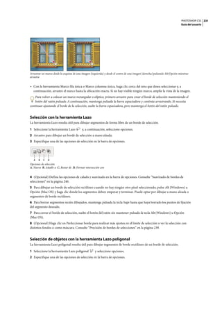 PHOTOSHOP CS3
Guía del usuario
231
Arrastrar un marco desde la esquina de una imagen (izquierda) y desde el centro de una imagen (derecha) pulsando Alt/Opción mientras
arrastra
• Con la herramienta Marco fila única o Marco columna única, haga clic cerca del área que desea seleccionar y, a
continuación, arrastre el marco hasta la ubicación exacta. Si no hay visible ningún marco, amplíe la vista de la imagen.
Para volver a colocar un marco rectangular o elíptico, primero arrastre para crear el borde de selección manteniendo el
botón del ratón pulsado. A continuación, mantenga pulsada la barra espaciadora y continúe arrastrando. Si necesita
continuar ajustando el borde de la selección, suelte la barra espaciadora, pero mantenga el botón del ratón pulsado.
Selección con la herramienta Lazo
La herramienta Lazo resulta útil para dibujar segmentos de forma libre de un borde de selección.
1 Seleccione la herramienta Lazo y, a continuación, seleccione opciones.
2 Arrastre para dibujar un borde de selección a mano alzada.
3 Especifique una de las opciones de selección en la barra de opciones.
Opciones de selección
A. Nueva B. Añadir a C. Restar de D. Formar intersección con
4 (Opcional) Defina las opciones de calado y suavizado en la barra de opciones. Consulte “Suavizado de bordes de
selecciones” en la página 240.
5 Para dibujar un borde de selección rectilíneo cuando no hay ningún otro píxel seleccionado, pulse Alt (Windows) u
Opción (Mac OS) y haga clic donde los segmentos deben empezar y terminar. Puede optar por dibujar a mano alzada o
segmentos de borde rectilíneo.
6 Para borrar segmentos recién dibujados, mantenga pulsada la tecla Supr hasta que haya borrado los puntos de fijación
del segmento deseado.
7 Para cerrar el borde de selección, suelte el botón del ratón sin mantener pulsada la tecla Alt (Windows) u Opción
(Mac OS).
8 (Opcional) Haga clic en Perfeccionar borde para realizar más ajustes en el límite de selección o ver la selección con
distintos fondos o como máscara. Consulte “Precisión de bordes de selecciones” en la página 239.
Selección de objetos con la herramienta Lazo poligonal
La herramienta Lazo poligonal resulta útil para dibujar segmentos de borde rectilíneo de un borde de selección.
1 Seleccione la herramienta Lazo poligonal y seleccione opciones.
2 Especifique una de las opciones de selección en la barra de opciones.
A B C D
 