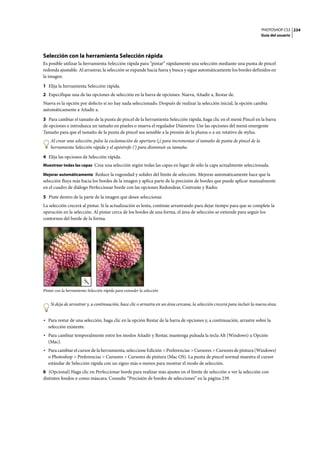 PHOTOSHOP CS3
Guía del usuario
234
Selección con la herramienta Selección rápida
Es posible utilizar la herramienta Selección rápida para “pintar” rápidamente una selección mediante una punta de pincel
redonda ajustable. Al arrastrar, la selección se expande hacia fuera y busca y sigue automáticamente los bordes definidos en
la imagen.
1 Elija la herramienta Selección rápida.
2 Especifique una de las opciones de selección en la barra de opciones: Nueva, Añadir a, Restar de.
Nueva es la opción por defecto si no hay nada seleccionado. Después de realizar la selección inicial, la opción cambia
automáticamente a Añadir a.
3 Para cambiar el tamaño de la punta de pincel de la herramienta Selección rápida, haga clic en el menú Pincel en la barra
de opciones e introduzca un tamaño en píxeles o mueva el regulador Diámetro. Use las opciones del menú emergente
Tamaño para que el tamaño de la punta de pincel sea sensible a la presión de la pluma o a un rotativo de stylus.
Al crear una selección, pulse la exclamación de apertura (¡) para incrementar el tamaño de punta de pincel de la
herramienta Selección rápida y el apóstrofo (') para disminuir su tamaño.
4 Elija las opciones de Selección rápida.
Muestrear todas las capas Crea una selección según todas las capas en lugar de sólo la capa actualmente seleccionada.
Mejorar automáticamente Reduce la rugosidad y solidez del límite de selección. Mejorar automáticamente hace que la
selección fluya más hacia los bordes de la imagen y aplica parte de la precisión de bordes que puede aplicar manualmente
en el cuadro de diálogo Perfeccionar borde con las opciones Redondear, Contraste y Radio.
5 Pinte dentro de la parte de la imagen que desee seleccionar.
La selección crecerá al pintar. Si la actualización es lenta, continúe arrastrando para dejar tiempo para que se complete la
operación en la selección. Al pintar cerca de los bordes de una forma, el área de selección se extiende para seguir los
contornos del borde de la forma.
Pintar con la herramienta Selección rápida para extender la selección
Si deja de arrastrar y, a continuación, hace clic o arrastra en un área cercana, la selección crecerá para incluir la nueva área.
• Para restar de una selección, haga clic en la opción Restar de la barra de opciones y, a continuación, arrastre sobre la
selección existente.
• Para cambiar temporalmente entre los modos Añadir y Restar, mantenga pulsada la tecla Alt (Windows) u Opción
(Mac).
• Para cambiar el cursor de la herramienta, seleccione Edición > Preferencias > Cursores > Cursores de pintura (Windows)
o Photoshop > Preferencias > Cursores > Cursores de pintura (Mac OS). La punta de pincel normal muestra el cursor
estándar de Selección rápida con un signo más o menos para mostrar el modo de selección.
6 (Opcional) Haga clic en Perfeccionar borde para realizar más ajustes en el límite de selección o ver la selección con
distintos fondos o como máscara. Consulte “Precisión de bordes de selecciones” en la página 239.
 