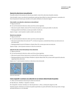 PHOTOSHOP CS3
Guía del usuario
238
Ajuste de selecciones manualmente
Es posible utilizar las herramientas de selección para añadir o restar de las selecciones de píxeles existentes.
Antes de añadir o restar a una selección manualmente, puede que desee definir los valores de desvanecer y suavizado en la
barra de opciones de manera que coincidan con los ajustes utilizados en la selección original.
Cómo añadir a una selección o seleccionar un área adicional
1 Haga una selección.
2 Con una herramienta de selección, realice una de las acciones siguientes:
• Seleccione la opción Añadir a selección en la barra de opciones y arrastre para añadir a la selección.
• Mantenga pulsada la tecla Mayús y arrastre para añadir a la selección.
Aparece el signo + junto al puntero cuando se añade a una selección.
Restar de una selección
1 Haga una selección.
2 Con una herramienta de selección, realice una de las acciones siguientes:
• Seleccione la opción Restar de la selección en la barra de opciones y arrástrela hasta formar una intersección con
otras selecciones.
• Mantenga pulsada la tecla Alt (Windows) u Opción (Mac OS) y arrastre para restar otra selección.
Aparece el signo - junto al puntero mientras se resta de una selección.
Selección de sólo un área intersecada por otras selecciones
1 Haga una selección.
2 Con una herramienta de selección, realice una de las acciones siguientes:
• Seleccione la opción Formar intersección con selección en la barra de opciones y arrastre.
• Mantenga pulsadas las teclas Alt+Mayús (Windows) u Opción+Mayús (Mac OS) y arrastre sobre la parte de la selección
original que desea seleccionar.
Aparece una "x" junto al puntero mientras se selecciona un área intersecada.
Selecciones intersecadas
Cómo expandir o contraer una selección en un número determinado de píxeles
1 Utilice una herramienta de selección para realizar una selección.
2 Elija Selección > Modificar > Expandir o Contraer.
3 En Expandir o Contraer, introduzca un valor de píxel entre 1 y 100 y, a continuación, haga clic en OK.
El borde aumenta o disminuye en el número de píxeles especificado. Las partes del borde de selección que estén a lo largo
del borde del lienzo no se ven afectadas.
 