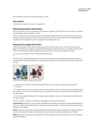 PHOTOSHOP CS3
Guía del usuario
246
4 Para eliminar el objeto seleccionado, elija Edición > Cortar.
Véase también
“Extracción de un objeto de su fondo” en la página 246
Eliminación de píxeles seleccionados
❖ Seleccione Edición > Borrar, o pulse Retroceso (Windows) o Suprimir (Mac OS). Para cortar una selección y colocarla
en el Portapapeles, seleccione Edición > Cortar.
Eliminar una selección en un fondo o capa con la opción Bloquear píxeles transparentes seleccionada en la paleta Capas,
sustituye la ubicación original por el color de fondo. Eliminar una selección en una capa sin la opción Bloquear píxeles
transparentes seleccionada sustituye el área original por la transparencia de capa.
Extracción de un objeto de su fondo
El filtro Extraer proporciona un método sofisticado de aislar un objeto frontal y borrar su fondo en una capa. Incluso
objetos con bordes tenues, complejos o imposibles de definir pueden recortarse de su fondo con un trabajo manual mínimo.
Utilice las herramientas del cuadro de diálogo Extraer para especificar qué parte de la imagen desea extraer.
Para casos más simples, utilice la herramienta Borrador de fondos.
Cuando extrae el objeto, Photoshop borra su fondo y lo hace transparente. Los píxeles del borde del objeto pierden sus
componentes de color derivados del fondo, de manera que pueden fusionarse con un nuevo fondo sin producir ningún halo
de color.
Área seleccionada resaltada y rellenada, y objeto extraído
Después de una extracción, puede añadir opacidad al fondo y crear otros efectos mediante el comando Edición >
Transición.
1 En la paleta Capas, seleccione la capa que contiene el objeto que desea extraer. Si selecciona una capa de fondo, después
de la extracción se convierte en una capa normal. Si la capa contiene una selección, la extracción borra el fondo sólo en el
área seleccionada.
Para evitar la pérdida de información de la imagen original, duplique la capa o realice una instantánea del estado de la
imagen original.
2 Seleccione Filtro > Extraer y, a continuación, especifique las opciones de la herramienta:
Tamaño de pincel Introduzca un valor o arrastre el regulador para especificar la anchura de la herramienta Resaltador de
bordes . También puede utilizar la opción Tamaño de pincel para especificar la anchura de las herramientas Borrador,
Limpiar y Retocar bordes.
Resaltar Seleccione una opción de color preestablecida para el resaltado que aparece alrededor de los objetos al utilizar la
herramienta Resaltador de bordes, o al seleccionar Otro para seleccionar un color personalizado para el resaltado.
Rellenar Seleccione una opción de color preestablecida u Otro para elegir un color personalizado para el área cubierta por
la herramienta Relleno.
 