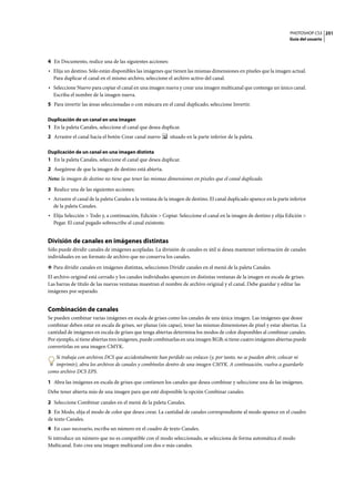 PHOTOSHOP CS3
Guía del usuario
251
4 En Documento, realice una de las siguientes acciones:
• Elija un destino. Sólo están disponibles las imágenes que tienen las mismas dimensiones en píxeles que la imagen actual.
Para duplicar el canal en el mismo archivo, seleccione el archivo activo del canal.
• Seleccione Nuevo para copiar el canal en una imagen nueva y crear una imagen multicanal que contenga un único canal.
Escriba el nombre de la imagen nueva.
5 Para invertir las áreas seleccionadas o con máscara en el canal duplicado, seleccione Invertir.
Duplicación de un canal en una imagen
1 En la paleta Canales, seleccione el canal que desea duplicar.
2 Arrastre el canal hacia el botón Crear canal nuevo situado en la parte inferior de la paleta.
Duplicación de un canal en una imagen distinta
1 En la paleta Canales, seleccione el canal que desea duplicar.
2 Asegúrese de que la imagen de destino está abierta.
Nota: la imagen de destino no tiene que tener las mismas dimensiones en píxeles que el canal duplicado.
3 Realice una de las siguientes acciones:
• Arrastre el canal de la paleta Canales a la ventana de la imagen de destino. El canal duplicado aparece en la parte inferior
de la paleta Canales.
• Elija Selección > Todo y, a continuación, Edición > Copiar. Seleccione el canal en la imagen de destino y elija Edición >
Pegar. El canal pegado sobrescribe el canal existente.
División de canales en imágenes distintas
Sólo puede dividir canales de imágenes acopladas. La división de canales es útil si desea mantener información de canales
individuales en un formato de archivo que no conserva los canales.
❖ Para dividir canales en imágenes distintas, selecciones Dividir canales en el menú de la paleta Canales.
El archivo original está cerrado y los canales individuales aparecen en distintas ventanas de la imagen en escala de grises.
Las barras de título de las nuevas ventanas muestran el nombre de archivo original y el canal. Debe guardar y editar las
imágenes por separado.
Combinación de canales
Se pueden combinar varias imágenes en escala de grises como los canales de una única imagen. Las imágenes que desee
combinar deben estar en escala de grises, ser planas (sin capas), tener las mismas dimensiones de píxel y estar abiertas. La
cantidad de imágenes en escala de grises que tenga abiertas determina los modos de color disponibles al combinar canales.
Por ejemplo, si tiene abiertas tres imágenes, puede combinarlas en una imagen RGB; si tiene cuatro imágenes abiertas puede
convertirlas en una imagen CMYK.
Si trabaja con archivos DCS que accidentalmente han perdido sus enlaces (y, por tanto, no se pueden abrir, colocar ni
imprimir), abra los archivos de canales y combínelos dentro de una imagen CMYK. A continuación, vuelva a guardarlo
como archivo DCS EPS.
1 Abra las imágenes en escala de grises que contienen los canales que desea combinar y seleccione una de las imágenes.
Debe tener abierta más de una imagen para que esté disponible la opción Combinar canales.
2 Seleccione Combinar canales en el menú de la paleta Canales.
3 En Modo, elija el modo de color que desea crear. La cantidad de canales correspondiente al modo aparece en el cuadro
de texto Canales.
4 En caso necesario, escriba un número en el cuadro de texto Canales.
Si introduce un número que no es compatible con el modo seleccionado, se selecciona de forma automática el modo
Multicanal. Esto crea una imagen multicanal con dos o más canales.
 
