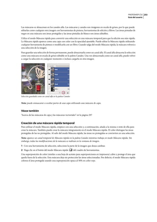 PHOTOSHOP CS3
Guía del usuario
253
Las máscaras se almacenan en los canales alfa. Las máscaras y canales son imágenes en escala de grises, por lo que puede
editarlas como cualquier otra imagen con herramientas de pintura, herramientas de edición y filtros. Las áreas pintadas de
negro en una máscara son áreas protegidas y las áreas pintadas de blanco son áreas editables.
Utilice el modo Máscara rápida para convertir una selección en una máscara temporal para que la edición sea más rápida.
La Máscara rápida aparece como una capa con color con la opacidad ajustable. Puede editar la Máscara rápida utilizando
cualquier herramienta de pintura o modificarla con un filtro. Cuando salga del modo Máscara rápida, la máscara volverá a
una selección de la imagen.
Para guardar una selección de forma permanente, puede almacenarla como un canal alfa. El canal alfa almacena la selección
como una máscara en escala de grises editable en la paleta Canales. Una vez almacenada como un canal alfa, puede volver
a cargar la selección en cualquier momento o incluso cargarla en otra imagen.
Selección guardada como un canal alfa en la paleta Canales
Nota: puede enmascarar u ocultar partes de una capa utilizando una máscara de capa.
Véase también
“Acerca de las máscaras de capa y las máscaras vectoriales” en la página 297
Creación de una máscara rápida temporal
Para utilizar el modo Máscara rápida, empiece con una selección y, a continuación, añada a la misma o reste de ella para
crear la máscara. También puede crear la máscara íntegramente en el modo Máscara rápida. El color distingue las áreas
protegidas de las no protegidas. Al salir del modo Máscara rápida, las áreas no protegidas se convierten en una selección.
Nota: aparece un canal temporal de Máscara rápida en la paleta Canales mientras trabaja en modo Máscara rápida. Sin
embargo, todas las modificaciones de la máscara se realizan en la ventana de imagen.
1 Con una herramienta de selección, seleccione la parte de la imagen que desea cambiar.
2 Haga clic en el botón del modo Máscara rápida del cuadro de herramientas.
Una superposición de color (similar a una hoja de acetato para superposiciones en impresora) cubre y protege el área que
queda fuera de la selección. Esta máscara deja sin protección las áreas seleccionadas. Por defecto, el modo Máscara rápida
colorea el área protegida usando una superposición opaca al 50% en color rojo.
 