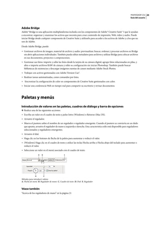 PHOTOSHOP CS3
Guía del usuario
20
Adobe Bridge
Adobe® Bridge es una aplicación multiplataforma incluida con los componentes de Adobe® Creative Suite® 3 que le ayudan
a encontrar, organizar y examinar los activos que necesita para crear contenido de impresión, Web, vídeo y audio. Puede
iniciar Bridge desde cualquier componente de Creative Suite y utilizarlo para acceder a los activos de Adobe y a los que no
son de Adobe.
Desde Adobe Bridge, puede:
• Gestionar archivos de imagen, material de archivo y audio: previsualizar, buscar, ordenar y procesar archivos en Bridge
sin abrir aplicaciones individuales. También puede editar metadatos para archivos y utilizar Bridge para colocar archivos
en sus documentos, proyectos o composiciones.
• Gestionar sus fotos: importe y edite las fotos desde la tarjeta de su cámara digital, agrupe fotos relacionadas en pilas, y
abra o importe archivos RAW de cámara y edite su configuración sin iniciar Photoshop. También puede buscar
bibliotecas de existencias y descargar imágenes exentas de canon mediante Adobe Stock Photos.
• Trabajar con activos gestionados con Adobe Version Cue®.
• Realizar tareas automatizadas, como comandos por lotes.
• Sincronizar la configuración de color en componentes de Creative Suite gestionados con color.
• Iniciar una conferencia Web en tiempo real para compartir su escritorio y revisar documentos.
Paletas y menús
Introducción de valores en las paletas, cuadros de diálogo y barra de opciones
❖ Realice una de las siguientes acciones:
• Escriba un valor en el cuadro de texto y pulse Intro (Windows) o Retorno (Mac OS).
• Arrastre el regulador.
• Mueva el puntero sobre el nombre de un regulador o regulador emergente. Cuando el puntero se convierta en un dedo
que apunta, arrastre el regulador de mano a izquierda o derecha. Esta característica sólo está disponible para reguladores
seleccionados y reguladores emergentes.
• Arrastre el dial.
• Haga clic en los botones de flecha de la paleta para aumentar o reducir el valor.
• (Windows) Haga clic en el cuadro de texto y utilice las teclas Flecha arriba y Flecha abajo del teclado para aumentar o
reducir el valor.
• Seleccione un valor en el menú asociado con el cuadro de texto.
Métodos para introducir valores
A. Flecha de menú B. Regulador de mano C. Cuadro de texto D. Dial E. Regulador
Véase también
“Acerca de los reguladores de mano” en la página 21
A
D
B C
E
 
