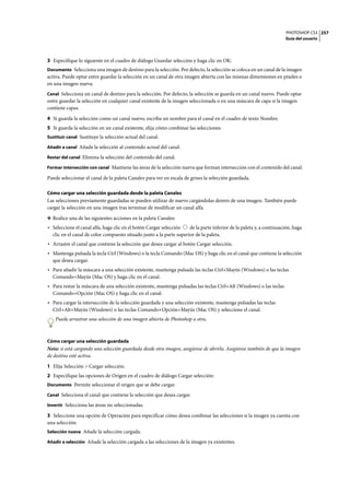 PHOTOSHOP CS3
Guía del usuario
257
3 Especifique lo siguiente en el cuadro de diálogo Guardar selección y haga clic en OK:
Documento Selecciona una imagen de destino para la selección. Por defecto, la selección se coloca en un canal de la imagen
activa. Puede optar entre guardar la selección en un canal de otra imagen abierta con las mismas dimensiones en píxeles o
en una imagen nueva.
Canal Selecciona un canal de destino para la selección. Por defecto, la selección se guarda en un canal nuevo. Puede optar
entre guardar la selección en cualquier canal existente de la imagen seleccionada o en una máscara de capa si la imagen
contiene capas.
4 Si guarda la selección como un canal nuevo, escriba un nombre para el canal en el cuadro de texto Nombre.
5 Si guarda la selección en un canal existente, elija cómo combinar las selecciones:
Sustituir canal Sustituye la selección actual del canal.
Añadir a canal Añade la selección al contenido actual del canal.
Restar del canal Elimina la selección del contenido del canal.
Formar intersección con canal Mantiene las áreas de la selección nueva que forman intersección con el contenido del canal.
Puede seleccionar el canal de la paleta Canales para ver en escala de grises la selección guardada.
Cómo cargar una selección guardada desde la paleta Canales
Las selecciones previamente guardadas se pueden utilizar de nuevo cargándolas dentro de una imagen. También puede
cargar la selección en una imagen tras terminar de modificar un canal alfa.
❖ Realice una de las siguientes acciones en la paleta Canales:
• Seleccione el canal alfa, haga clic en el botón Cargar selección de la parte inferior de la paleta y, a continuación, haga
clic en el canal de color compuesto situado junto a la parte superior de la paleta.
• Arrastre el canal que contiene la selección que desea cargar al botón Cargar selección.
• Mantenga pulsada la tecla Ctrl (Windows) o la tecla Comando (Mac OS) y haga clic en el canal que contiene la selección
que desea cargar.
• Para añadir la máscara a una selección existente, mantenga pulsada las teclas Ctrl+Mayús (Windows) o las teclas
Comando+Mayús (Mac OS) y haga clic en el canal.
• Para restar la máscara de una selección existente, mantenga pulsadas las teclas Ctrl+Alt (Windows) o las teclas
Comando+Opción (Mac OS) y haga clic en el canal.
• Para cargar la intersección de la selección guardada y una selección existente, mantenga pulsadas las teclas
Ctrl+Alt+Mayús (Windows) o las teclas Comando+Opción+Mayús (Mac OS) y seleccione el canal.
Puede arrastrar una selección de una imagen abierta de Photoshop a otra.
Cómo cargar una selección guardada
Nota: si está cargando una selección guardada desde otra imagen, asegúrese de abrirla. Asegúrese también de que la imagen
de destino esté activa.
1 Elija Selección > Cargar selección.
2 Especifique las opciones de Origen en el cuadro de diálogo Cargar selección:
Documento Permite seleccionar el origen que se debe cargar.
Canal Selecciona el canal que contiene la selección que desea cargar.
Invertir Selecciona las áreas no seleccionadas.
3 Seleccione una opción de Operación para especificar cómo desea combinar las selecciones si la imagen ya cuenta con
una selección:
Selección nueva Añade la selección cargada.
Añadir a selección Añade la selección cargada a las selecciones de la imagen ya existentes.
 