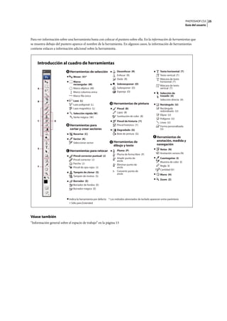 PHOTOSHOP CS3
Guía del usuario
25
Para ver información sobre una herramienta basta con colocar el puntero sobre ella. En la información de herramientas que
se muestra debajo del puntero aparece el nombre de la herramienta. En algunos casos, la información de herramientas
contiene enlaces a información adicional sobre la herramienta.
Véase también
“Información general sobre el espacio de trabajo” en la página 13
D
A
B
C
E
F
A
D
F
E
B
C
 