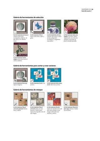PHOTOSHOP CS3
Guía del usuario
26
Galería de herramientas de selección
Galería de herramientas para cortar y crear sectores
Galería de herramientas de retoque
Las herramientas de marco
realizan selecciones
rectangulares, elípticas, de
fila única y de columna
única.
La herramienta Mover
mueve selecciones, capas y
guías.
Las herramientas de lazo
realizan selecciones a mano
alzada, poligonales
(rectilíneas) y magnéticas
(ajustables).
La herramienta Selección
rápida le permite “pintar”
rápidamente una selección
mediante una punta de
pincel redonda ajustable
La herramienta Varita
mágica selecciona áreas de
colores similares.
La herramienta Recortar
separa imágenes.
La herramienta Sector crea
sectores.
LaherramientaSeleccionar
sector selecciona sectores.
La herramienta Pincel
corrector puntual elimina
taras y objetos
La herramienta Pincel
corrector pinta con una
muestra o motivo para
reparar las imperfecciones de
una imagen.
La herramienta Parche
repara las imperfecciones del
área seleccionada en una
imagen utilizando una
muestra o motivo.
La herramienta Pincel de
ojos rojos elimina el reflejo
rojo del flash.
 