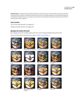 PHOTOSHOP CS3
Guía del usuario
324
Color más oscuro Compara el total de los valores de todos los canales tanto para el color fusionado como para el color base
y muestra el color cuyo valor sea más bajo. El modo Color más oscuro no produce ningún otro color distinto que pueda ser
el resultado de la fusión Oscurecer ya que selecciona los valores de canal más bajos tanto del color fusionado como del color
base para crear el color resultante.
Véase también
“Acerca de los modos de fusión” en la página 322
“Ejemplos de modos de fusión” en la página 324
Ejemplos de modos de fusión
Estos ejemplos muestran el resultado de pintar parte de la cara de la imagen utilizando cada modo de fusión.
Para ver un vídeo sobre los modos de fusión, visite www.adobe.com/go/vid0012_es.
Imagen original Normal, 100% de opacidad Normal, 50% de opacidad Disolver, 50% de opacidad
Detrás Borrar Oscurecer Multiplicar
Subexponer color Subexposición lineal Aclarar Trama
Sobreexponer color Sobreexposición lineal
(Añadir)
Superponer Luz suave
 