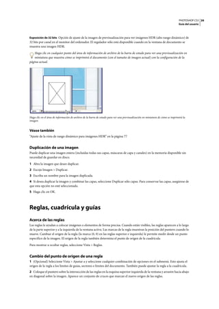 PHOTOSHOP CS3
Guía del usuario
39
Exposición de 32 bits Opción de ajuste de la imagen de previsualización para ver imágenes HDR (alto rango dinámico) de
32 bits por canal en el monitor del ordenador. El regulador sólo está disponible cuando en la ventana de documento se
muestra una imagen HDR.
Haga clic en cualquier punto del área de información de archivo de la barra de estado para ver una previsualización en
miniatura que muestra cómo se imprimirá el documento (con el tamaño de imagen actual) con la configuración de la
página actual.
Haga clic en el área de información de archivo de la barra de estado para ver una previsualización en miniatura de cómo se imprimirá la
imagen.
Véase también
“Ajuste de la vista de rango dinámico para imágenes HDR” en la página 77
Duplicación de una imagen
Puede duplicar una imagen entera (incluidas todas sus capas, máscaras de capa y canales) en la memoria disponible sin
necesidad de guardar en disco.
1 Abra la imagen que desee duplicar.
2 Escoja Imagen > Duplicar.
3 Escriba un nombre para la imagen duplicada.
4 Si desea duplicar la imagen y combinar las capas, seleccione Duplicar sólo capas. Para conservar las capas, asegúrese de
que esta opción no esté seleccionada.
5 Haga clic en OK.
Reglas, cuadrícula y guías
Acerca de las reglas
Las reglas le ayudan a colocar imágenes o elementos de forma precisa. Cuando están visibles, las reglas aparecen a lo largo
de la parte superior y a la izquierda de la ventana activa. Las marcas de la regla muestran la posición del puntero cuando lo
mueve. Cambiar el origen de la regla (la marca (0, 0) en las reglas superior e izquierda) le permite medir desde un punto
específico de la imagen. El origen de la regla también determina el punto de origen de la cuadrícula.
Para mostrar u ocultar reglas, seleccione Vista > Reglas.
Cambio del punto de origen de una regla
1 (Opcional) Seleccione Vista > Ajustar a y seleccione cualquier combinación de opciones en el submenú. Esto ajusta el
origen de la regla a los límites de guías, sectores o límites del documento. También puede ajustar la regla a la cuadrícula.
2 Coloque el puntero sobre la intersección de las reglas en la esquina superior izquierda de la ventana y arrastre hacia abajo
en diagonal sobre la imagen. Aparece un conjunto de cruces que marcan el nuevo origen de las reglas.
 