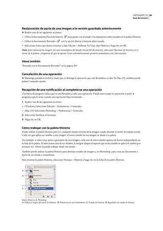 PHOTOSHOP CS3
Guía del usuario
49
Restauración de parte de una imagen a la versión guardada anteriormente
❖ Realice una de las siguientes acciones:
• Utilice la herramienta Pincel de historia para pintar con el estado o la instantánea seleccionados en la paleta Historia.
• Utilice la herramienta Borrador con la opción Borrar a historia seleccionada.
• Seleccione el área que desea restaurar y elija Edición > Rellenar. En Usar, elija Historia y haga clic en OK.
Nota: para restaurar la imagen con una instantánea del estado inicial del documento, seleccione Opciones de historia en el
menú de la paleta y asegúrese de que la opción Crear automáticamente primera instantánea esté seleccionada.
Véase también
“Borrado con la herramienta Borrador” en la página 307
Cancelación de una operación
❖ Mantenga pulsada la tecla Esc hasta que se detenga la operación que esté llevándose a cabo. En Mac OS, también puede
pulsar Comando+punto.
Recepción de una notificación al completarse una operación
Una barra de progreso indica que se está llevando a cabo una operación. Puede interrumpir la operación o pedir al
programa que le avise cuando esta operación haya terminado.
1 Realice una de las siguientes acciones:
• (Windows) Seleccione Edición > Preferencias > Generales.
• (Mac OS) Seleccione Photoshop > Preferencias > Generales.
2 Seleccione Notificar al terminar.
3 Haga clic en OK.
Cómo trabajar con la paleta Historia
Puede utilizar la paleta Historia para ir a cualquier estado reciente de la imagen creado durante la sesión de trabajo actual.
Cada vez que aplica un cambio a una imagen, el nuevo estado de esa imagen se añade a la paleta.
Por ejemplo, si selecciona, pinta y gira parte de una imagen, cada uno de estos estados aparece de forma independiente en
la lista de la paleta. Al seleccionar uno de los estados, la imagen adopta el aspecto que tenía cuando se aplicó el cambio por
primera vez. Ahora ya puede trabajar desde ese estado.
También puede utilizar la paleta Historia para eliminar estados de imagen y, en Photoshop, para crear un documento a
partir de un estado o instantánea.
Para mostrar la paleta Historia, seleccione Ventana > Historia o haga clic en la ficha de la paleta Historia.
Paleta Historia de Photoshop
A. Define el origen del pincel de historia. B. Miniatura de una instantánea C. Estado de historia D. Regulador de estado de historia
A
B
C
D
 
