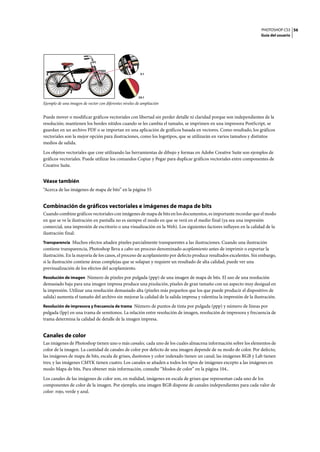 PHOTOSHOP CS3
Guía del usuario
56
Ejemplo de una imagen de vector con diferentes niveles de ampliación
Puede mover o modificar gráficos vectoriales con libertad sin perder detalle ni claridad porque son independientes de la
resolución; mantienen los bordes nítidos cuando se les cambia el tamaño, se imprimen en una impresora PostScript, se
guardan en un archivo PDF o se importan en una aplicación de gráficos basada en vectores. Como resultado, los gráficos
vectoriales son la mejor opción para ilustraciones, como los logotipos, que se utilizarán en varios tamaños y distintos
medios de salida.
Los objetos vectoriales que cree utilizando las herramientas de dibujo y formas en Adobe Creative Suite son ejemplos de
gráficos vectoriales. Puede utilizar los comandos Copiar y Pegar para duplicar gráficos vectoriales entre componentes de
Creative Suite.
Véase también
“Acerca de las imágenes de mapa de bits” en la página 55
Combinación de gráficos vectoriales e imágenes de mapa de bits
Cuando combine gráficos vectoriales con imágenes de mapa de bits en los documentos, es importante recordar que el modo
en que se ve la ilustración en pantalla no es siempre el modo en que se verá en el medio final (ya sea una impresión
comercial, una impresión de escritorio o una visualización en la Web). Los siguientes factores influyen en la calidad de la
ilustración final:
Transparencia Muchos efectos añaden píxeles parcialmente transparentes a las ilustraciones. Cuando una ilustración
contiene transparencia, Photoshop lleva a cabo un proceso denominado acoplamiento antes de imprimir o exportar la
ilustración. En la mayoría de los casos, el proceso de acoplamiento por defecto produce resultados excelentes. Sin embargo,
si la ilustración contiene áreas complejas que se solapan y requiere un resultado de alta calidad, puede ver una
previsualización de los efectos del acoplamiento.
Resolución de imagen Número de píxeles por pulgada (ppp) de una imagen de mapa de bits. El uso de una resolución
demasiado baja para una imagen impresa produce una pixelación, píxeles de gran tamaño con un aspecto muy desigual en
la impresión. Utilizar una resolución demasiado alta (píxeles más pequeños que los que puede producir el dispositivo de
salida) aumenta el tamaño del archivo sin mejorar la calidad de la salida impresa y ralentiza la impresión de la ilustración.
Resolución de impresora y frecuencia de trama Número de puntos de tinta por pulgada (ppp) y número de líneas por
pulgada (lpp) en una trama de semitonos. La relación entre resolución de imagen, resolución de impresora y frecuencia de
trama determina la calidad de detalle de la imagen impresa.
Canales de color
Las imágenes de Photoshop tienen uno o más canales, cada uno de los cuales almacena información sobre los elementos de
color de la imagen. La cantidad de canales de color por defecto de una imagen depende de su modo de color. Por defecto,
las imágenes de mapa de bits, escala de grises, duotonos y color indexado tienen un canal; las imágenes RGB y Lab tienen
tres; y las imágenes CMYK tienen cuatro. Los canales se añaden a todos los tipos de imágenes excepto a las imágenes en
modo Mapa de bits. Para obtener más información, consulte “Modos de color” en la página 104..
Los canales de las imágenes de color son, en realidad, imágenes en escala de grises que representan cada uno de los
componentes de color de la imagen. Por ejemplo, una imagen RGB dispone de canales independientes para cada valor de
color: rojo, verde y azul.
24:1
3:1
 