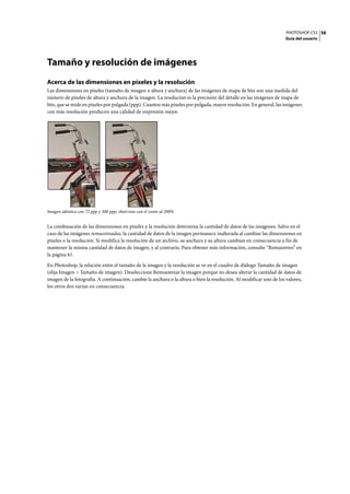 PHOTOSHOP CS3
Guía del usuario
58
Tamaño y resolución de imágenes
Acerca de las dimensiones en píxeles y la resolución
Las dimensiones en píxeles (tamaño de imagen o altura y anchura) de las imágenes de mapa de bits son una medida del
número de píxeles de altura y anchura de la imagen. La resolución es la precisión del detalle en las imágenes de mapa de
bits, que se mide en píxeles por pulgada (ppp). Cuantos más píxeles por pulgada, mayor resolución. En general, las imágenes
con más resolución producen una calidad de impresión mejor.
Imagen idéntica con 72 ppp y 300 ppp; obsérvese con el zoom al 200%
La combinación de las dimensiones en píxeles y la resolución determina la cantidad de datos de las imágenes. Salvo en el
caso de las imágenes remuestreadas, la cantidad de datos de la imagen permanece inalterada al cambiar las dimensiones en
píxeles o la resolución. Si modifica la resolución de un archivo, su anchura y su altura cambian en consecuencia a fin de
mantener la misma cantidad de datos de imagen, y al contrario. Para obtener más información, consulte “Remuestreo” en
la página 61.
En Photoshop, la relación entre el tamaño de la imagen y la resolución se ve en el cuadro de diálogo Tamaño de imagen
(elija Imagen > Tamaño de imagen). Deseleccione Remuestrear la imagen porque no desea alterar la cantidad de datos de
imagen de la fotografía. A continuación, cambie la anchura o la altura o bien la resolución. Al modificar uno de los valores,
los otros dos varían en consecuencia.
 