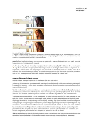 PHOTOSHOP CS3
Guía del usuario
91
Corrección del equilibrio de blancos
A. Si mueve el control deslizante Temperatura hacia la derecha, se corrige una fotografía tomada con una mayor temperatura de color de la
luz. B. Si mueve el control deslizante Temperatura hacia la izquierda, se corrige una fotografía tomada con una menor temperatura de color
de la luz. C. Fotografía después del ajuste de la temperatura de color
Matiz Define el equilibrio de blancos para compensar un matiz verde o magenta. Reduzca el matiz para añadir verde a la
imagen; aumente el matiz para añadir magenta.
Para ajustar el equilibrio de blancos de forma rápida, seleccione la herramienta Equilibrio de blancos y, a continuación,
haga clic en un área de la imagen de previsualización que debería ser de color gris o blanco neutro. Las propiedades de
temperatura y matiz se ajustan para conseguir que el color seleccionado sea exactamente neutro (si es posible). Si hace clic en
los blancos, elija un área resaltada que contenga un detalle blanco significativo en lugar de un resalte especular. Se puede hacer
doble clic en el botón Equilibrio de blancos para restablecer el equilibrio de blancos en "Como se tomó".
Ajustar el tono en RAW de cámara
La escala tonal de la imagen se ajusta con los controles de tono de la ficha Básico.
Al hacer clic en Automático en la parte superior de la sección de control del tono de la ficha Básico, RAW de cámara analiza
la imagen RAW de cámara y realiza ajustes automáticos en los controles de tono (exposición, recuperación, luz de relleno,
negros, brillo y contraste).
También puede aplicar los ajustes automáticos por separado para los controles de tono individuales. Para aplicar un ajuste
automático a un control de tono individual, como exposición o recuperación, pulse Mayús y haga doble clic en el control
deslizante. Para devolverle su valor original a un control de tono individual, haga doble clic en el control deslizante.
Al ajustar el tono automáticamente, RAW de cámara omite los ajustes realizados en otras fichas (como el afinado del tono
en la ficha Curvas). Por este motivo, es recomendable aplicar primero los ajustes de tono automáticos (si procede) para
obtener una aproximación inicial de la mejor configuración de la imagen. Si se toman fotografías con mucho cuidado y se
utilizan diferentes exposiciones intencionadamente, es probable que no desee deshacer ese trabajo aplicando ajustes de tono
automáticos. Por otro lado, también se puede hacer clic en Automático y luego deshacer los ajustes si no son de su agrado.
Las previsualizaciones en Bridge utilizan la configuración predeterminada de la imagen. Si desea que la configuración
predeterminada de la imagen incluya ajustes de tono automáticos, seleccione Aplicar ajustes de tono automáticos en la
sección Configuración predeterminada de la imagen de las preferencias de RAW de cámara.
Nota: Si compara imágenes según sus previsualizaciones en Bridge, es recomendable dejar la preferencia Aplicar ajustes de tono
automáticos deseleccionada, que es el valor predeterminado. En caso contrario, compararía imágenes ya ajustadas.
A
C
B
 