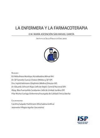 LA ENFERMERA Y LA FARMACOTERAPIA
E.M. María Ascención San Miguel GARCÍA
Instituto de Salud Pública de Chile 2010
Revisores
EU Nidia Bravo Montoya (Acreditadora Minsal IIH)
Dr. QF Gerardo Cuevas Chávez (Médico y QF ISP)
Dra. Ingrid Heitmann Ghigliotto (Médico Director ISP)
Dr. Eduardo Johnson Rojas (Jefe de Depto. Control Nacional ISP)
Abog. Max Fuenzalida Carabantes (Jefe de Unidad Jurídica ISP)
Pilar Muñoz Cariaga (Enfermera Encargada de Calidad Clínica Dávila)
Colaboradores
Carolina Salgado Poehlmann (Diseñadora Gráfica)
Jeannette Villagra Aguilar (Secretaria)
3840 MANUAL DE ENFERMERIA.indb 1 28/5/10 11:59:25
 