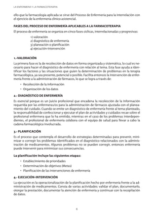 LA ENFERMERA Y LA FARMACOTERAPIA
6
ello que la farmacología aplicada se sirve del Proceso de Enfermería para la interrelación con
el ejercicio de la enfermería clínico asistencial.
FASES DEL PROCESO DE ENFERMERÍA APLICABLES A LA FARMACOTERAPIA
El proceso de enfermería se organiza en cinco fases cíclicas, interrelacionadas y progresivas:
1) valoración
2) diagnóstico de enfermería
3) planeación o planificación
4) ejecución-intervención
1.-VALORACIÓN
La primera fase es la de recolección de datos en forma organizada y sistemática, lo cual es ne-
cesario para hacer el diagnóstico de enfermería con relación al tema. Esta fase ayuda a iden-
tificar los factores y las situaciones que guíen la determinación de problemas en la terapia
farmacológica, ya sea presente, potencial o posible. Facilita entonces la intervención de enfer-
mería frente a la administración de fármacos, lo que se logra a través de:
Recolección de la información•	
Organización de los datos•	
2.- DIAGNÓSTICO DE ENFERMERÍA
Es esencial porque es un juicio profesional que encadena la recolección de la información
requerida por las enfermeras/os para la administración de fármacos ajustada con el planea-
miento del cuidado. Cuando se emite un diagnóstico de enfermería frente al tema planteado,
la responsabilidad de confeccionar y ejecutar el plan de actividades y cuidados recae sobre el
profesional enfermera que lo ha emitido, mientras en el caso de los problemas interdepen-
dientes, el profesional de enfermería colabora con el equipo de salud para llevar a cabo la
cadena farmacológica involucrada.
3.- PLANIFICACIÓN
Es el proceso que contempla el desarrollo de estrategias determinadas para prevenir, mini-
mizar o corregir los problemas identificados en el diagnóstico relacionados con la adminis-
tración de medicamentos. Algunos problemas no se pueden corregir, entonces enfermería
puede intervenir para minimizar sus consecuencias.
La planificación incluye las siguientes etapas:
Establecimiento de prioridades•	
Determinación de objetivos (Metas)•	
Planificación de las intervenciones de enfermería•	
4.- EJECUCIÓN-INTERVENCIÓN
La ejecución es la operacionalización de la planificación hecho por enfermería frente a la ad-
ministración de medicamentos. Consta de varias actividades: validar el plan, documentarlo,
otorgar la prestación, documentar la atención de enfermería y continuar con la recopilación
de datos.
3840 MANUAL DE ENFERMERIA.indb 6 28/5/10 11:59:26
 