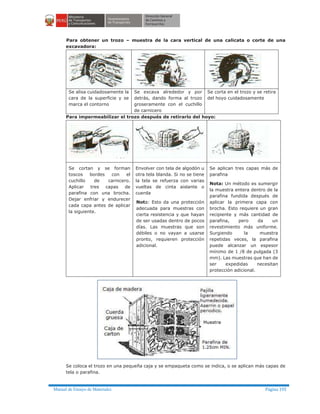 Manual de Ensayo de Materiales Página 195
Para obtener un trozo – muestra de la cara vertical de una calicata o corte de una
excavadora:
Se alisa cuidadosamente la
cara de la superficie y se
marca el contorno
Se excava alrededor y por
detrás, dando forma al trozo
groseramente con el cuchillo
de carnicero
Se corta en el trozo y se retira
del hoyo cuidadosamente
Para impermeabilizar el trozo después de retirarlo del hoyo:
Se cortan y se forman
toscos bordes con el
cuchillo de carnicero.
Aplicar tres capas de
parafina con una brocha.
Dejar enfriar y endurecer
cada capa antes de aplicar
la siguiente.
Envolver con tela de algodón u
otra tela blanda. Si no se tiene
la tela se refuerza con varias
vueltas de cinta aislante o
cuerda
Nota: Esto da una protección
adecuada para muestras con
cierta resistencia y que hayan
de ser usadas dentro de pocos
días. Las muestras que son
débiles o no vayan a usarse
pronto, requieren protección
adicional.
Se aplican tres capas más de
parafina
Nota: Un método es sumergir
la muestra entera dentro de la
parafina fundida después de
aplicar la primera capa con
brocha. Esto requiere un gran
recipiente y más cantidad de
parafina, pero da un
revestimiento más uniforme.
Surgiendo la muestra
repetidas veces, la parafina
puede alcanzar un espesor
mínimo de 1 /8 de pulgada (3
mm). Las muestras que han de
ser expedidas necesitan
protección adicional.
Se coloca el trozo en una pequeña caja y se empaqueta como se indica, o se aplican más capas de
tela o parafina.
 