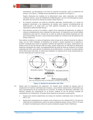 Manual de Ensayo de Materiales Página 204
abrazaderas. Las abrazaderas y los TLDV se muestran en posición, sobre un espécimen de
ensayo, en la Figura 1. Detalles de las abrazaderas se muestran en la Figura 3.
Pueden efectuarse las medidas de la deformación axial, sobre materiales con módulo
resiliente máximo, menor de 104000 kPa (15000 lb/puIg2
), con los TLDV abrazados al cuerpo
del pistón por fuera de la cámara de ensayo (véase Figura 2).
· Es necesario mantener una señal de excitación adecuada, acondicionada y un campo de
grabación adicionado a los dispositivos de medida, para registrar simultáneamente las
deformaciones y la carga axial. Los TLDV deberán conectarse de tal manera que sea
registrada la señal promedio del par.
· Para disminuir errores en la medida y registro de la respuesta del espécimen, se calibra el
sistema inmediatamente antes y después de cada ensayo. Un dispositivo que ha sido hallado
satisfactorio para este fin, consiste de un anillo de carga de alta calidad soportado por una
guía incompresible de acero, cuyas dimensiones totales son similares a las del espécimen de
ensayo (Figura 4).
Para calibrar el sistema, se coloca el dispositivo sobre la base de la cámara triaxial de la celda de
carga, con los TLDV instalados. El dispositivo se somete a cargas repetidas de la magnitud y
duración empleada para medir la respuesta resiliente del espécimen de ensayo. Sosteniendo una
tarjeta contra la cara del dial del anillo de carga, pueden observarse sin dificultad las deflexiones
dinámicas resultantes del, anillo. Los desplazamientos del anillo de carga se comparan con la traza
registrada del TLDV, para obtener la calibración de la deformación. La carga de la propia relación
fuerza-deformación del anillo, se utiliza para establecer la magnitud de la carga representada por
la traza registrada de la celda de carga.
Figura 3. Detalle de abrazadera del TLDV
4.4 Equipo para la preparación del espécimen. Se requiere gran variedad de equipos para la
preparación de muestras inalteradas para ensayos, y para obtener especímenes compactados que
sean representativos de las condiciones en el terreno. El empleo de diferentes materiales y de
distintos métodos de compactación en el terreno, implican el uso de técnicas variadas de
compactación en el laboratorio. El equipo típico requerido se enumera a continuación:
· Equipo para recortar especímenes de ensayo de muestras inalteradas como el descrito en
MTC E 131.
· Equipo para compactación por impacto como el descrito en los métodos MTC E 116 para las
relaciones de humedad-peso unitario de suelos empleando equipo normal y MTC E 115 para
la relación humedad-peso unitario de suelos empleando equipo Proctor Modificado.
 